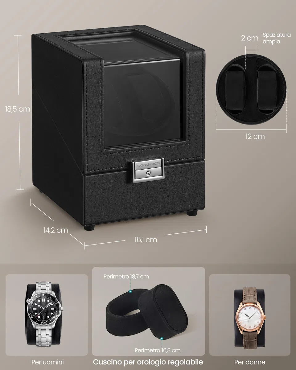 SONGMICS Carica Orologi, Caricatore Automatico Doppio per 1 Orologio con Motore Silenzioso, con LED, Cuscino Regolabile, Chiusura, 4 Impostazioni, con un Cavo di Ricarica USB-C, Nero JWB031B01