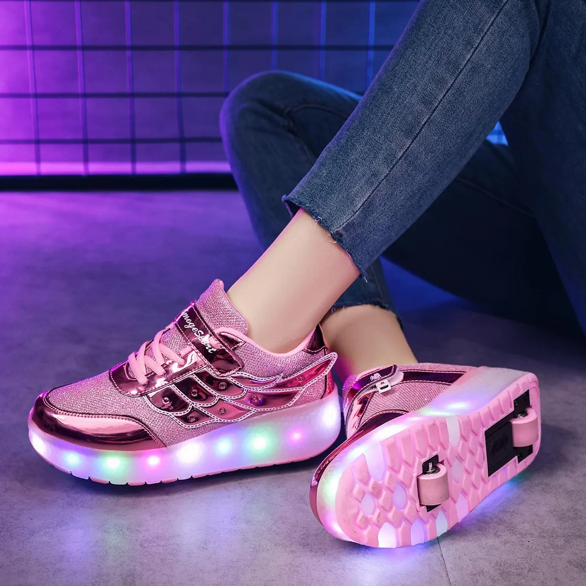 USB Ricarica LED Luci Brillantini Skateboard Scarpe Sportive con Rotelle Retrattile Sneakers Outdoor Multisport Luminose Running Calzature da Ginnastica per Bambini Ragazze e Ragazzi
