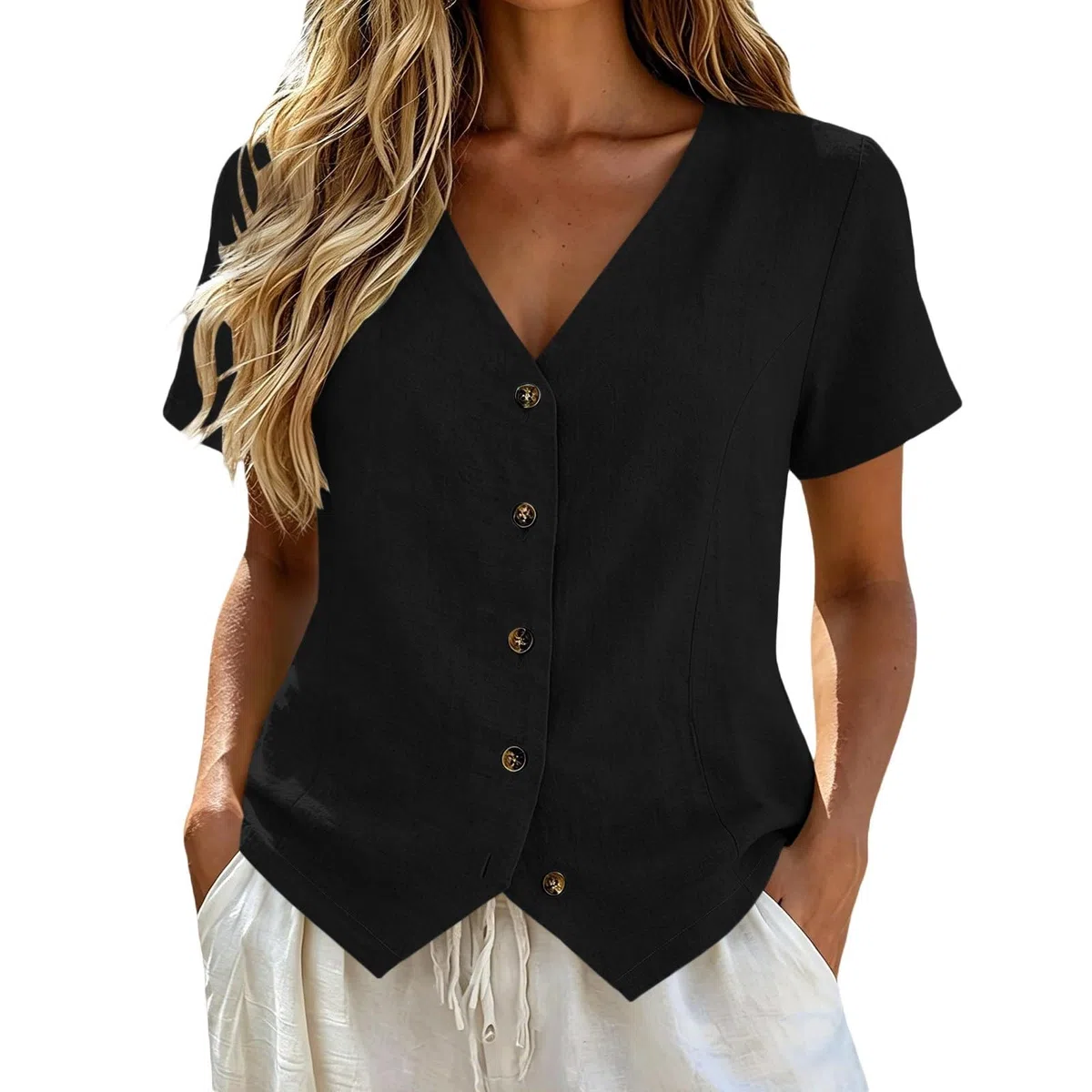 Generico Gilet da Donna Elegante in Lino Cotone - Blusa di per Vacanze al Mare da Donna, Scollatura a V, Maniche Corte, con Bottoni, Camicia Casual Estiva per Ufficio E Vacanza Occasioni Formali