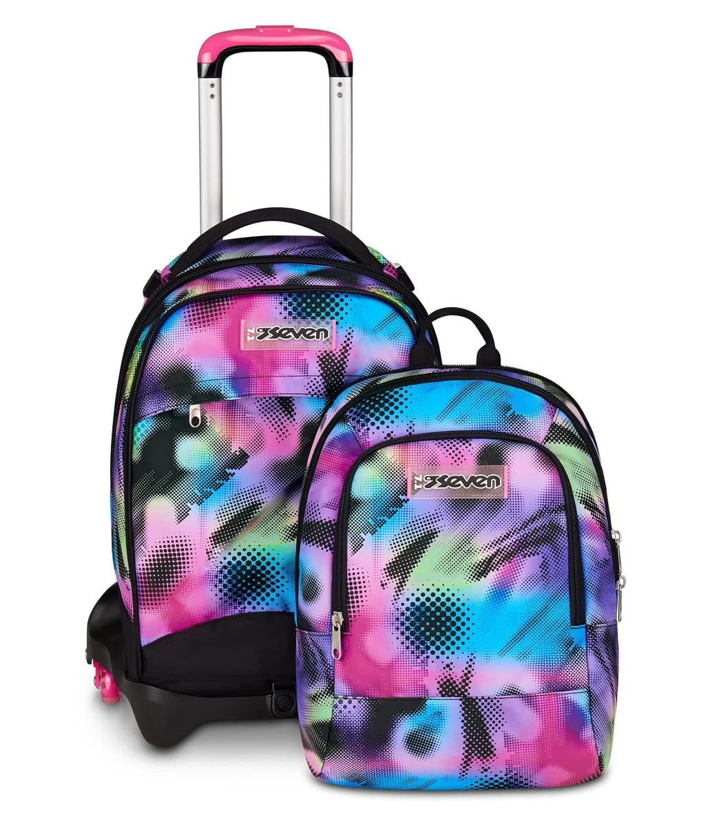 Seven Trolley Scuola Jack 3 Ruote Detach Write Down, Fucsia Azzurro, Zaino Con Carrello Sganciabile Da 37 Litri, Tasca Borraccia, Zainetto Staccabile, Multiuso e Spazioso, Per Scuola Elementare e