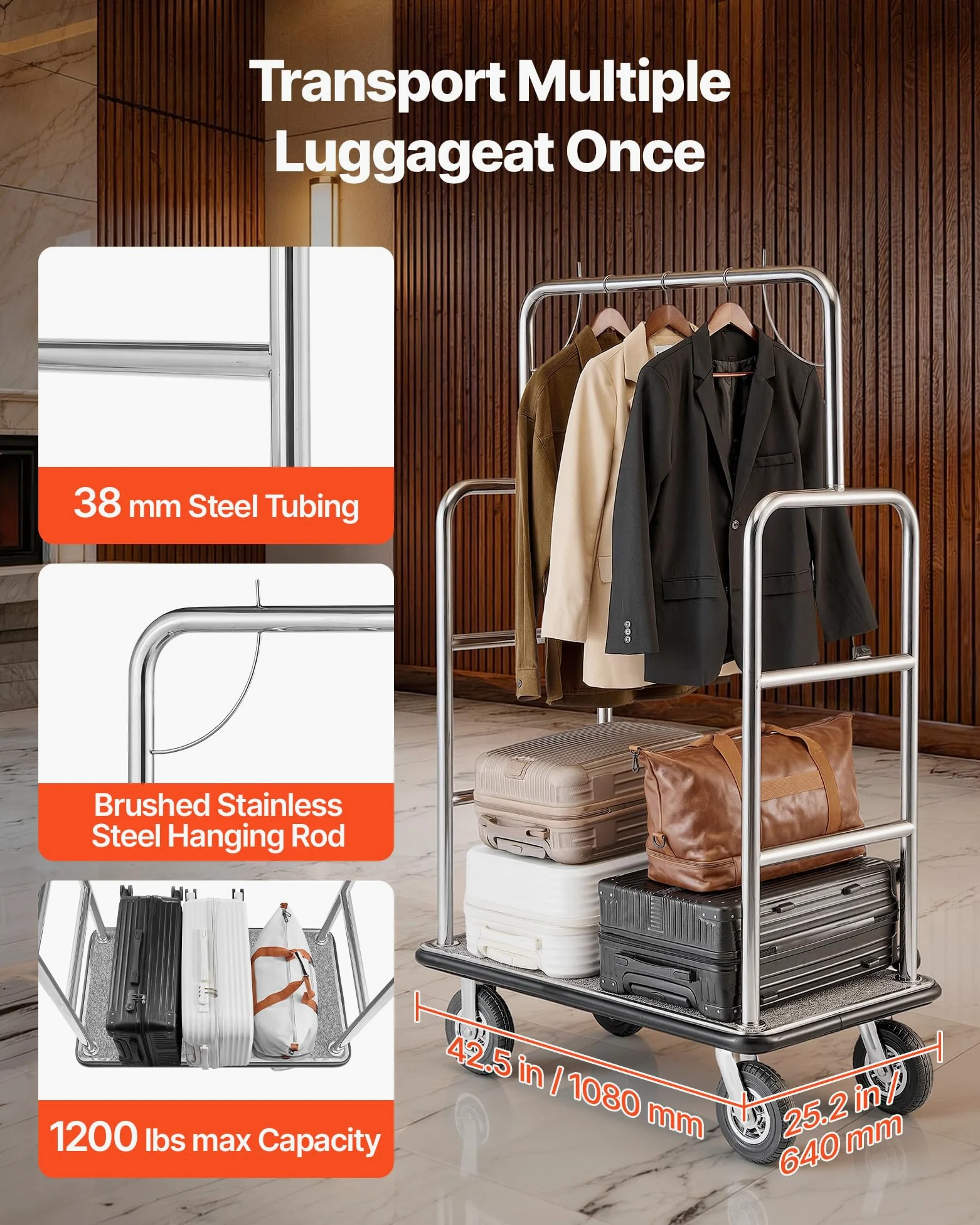 VEVOR Carrello Portavaligie per Hotel, Capacità di Carico di 544 kg Carrello Trasporto Portavaligie con Ponte in Moquette Grigia e Ruote in Gomma da 203,2 mm per Hotel, Condomini, Resort, Argento