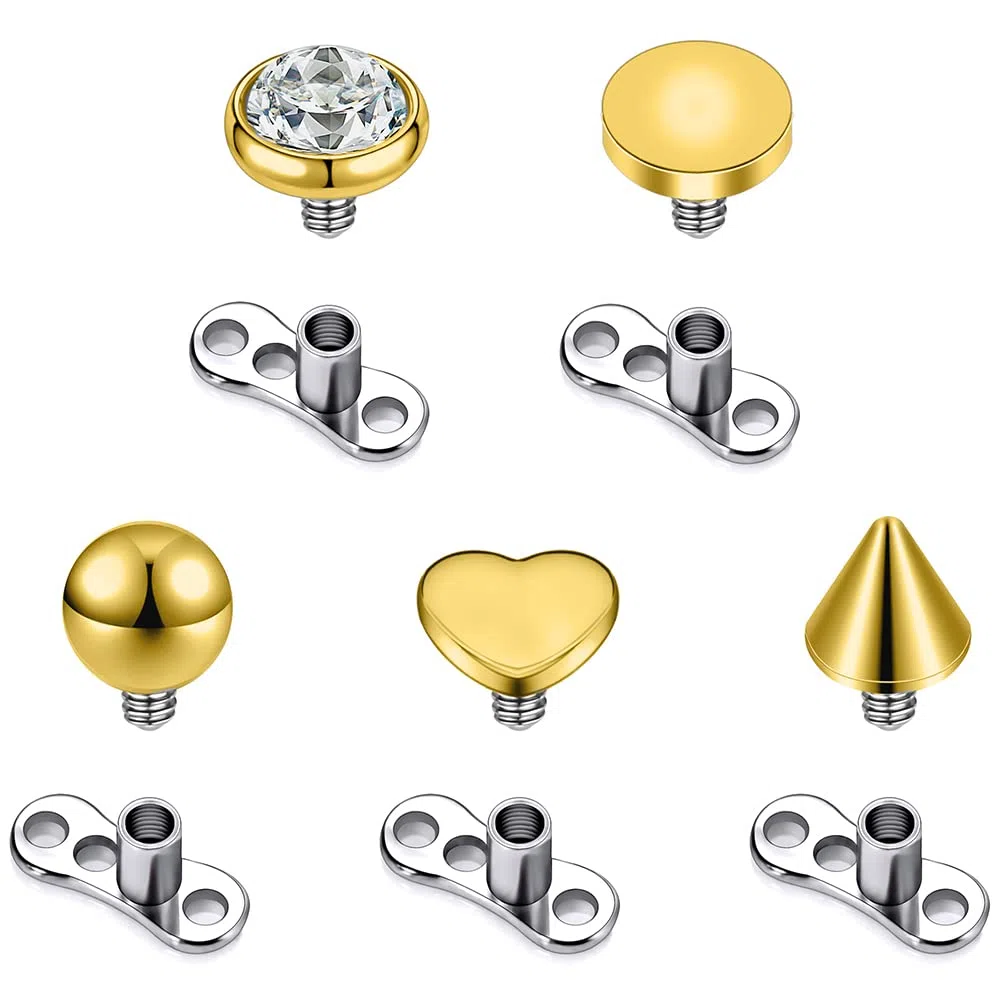 PunkTracker Kit per piercing dermico in acciaio chirurgico 316L, 10 pezzi, con opale e filettatura interna dorata