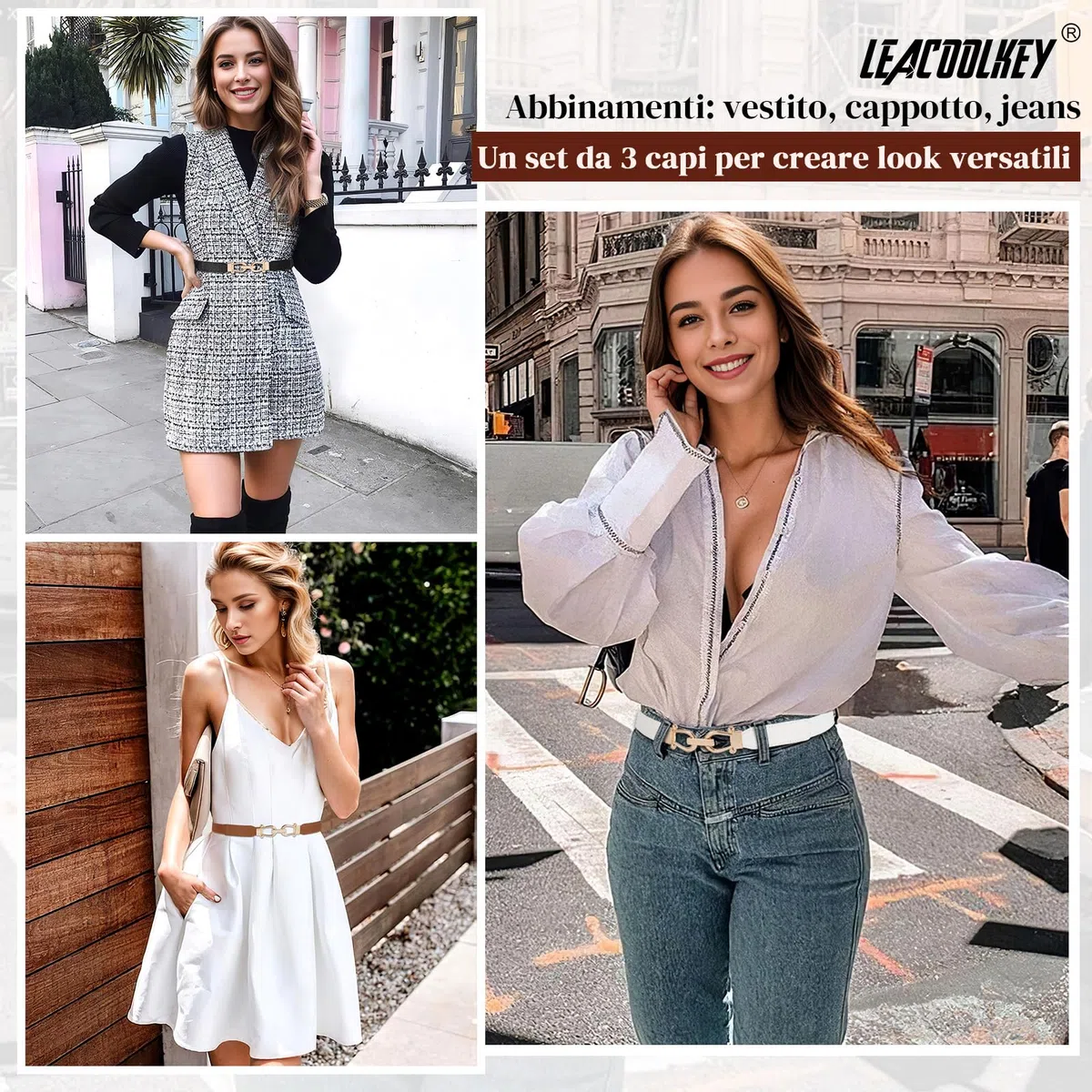 LEACOOLKEY Set da 3 cinture elastiche donna eleganti, cintura donna sottili con fibbia dorata, cintura elastica da donna in stile vintage per jeans e abiti