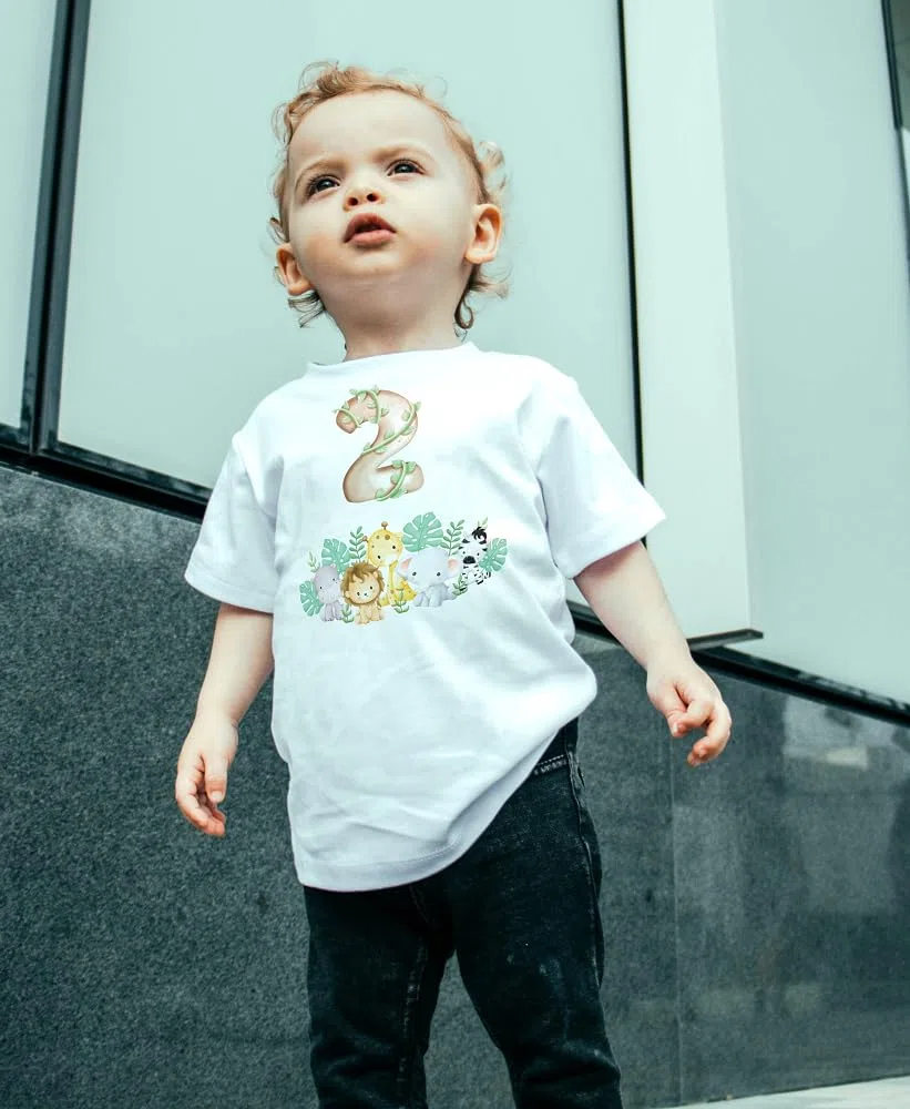 T-shirt in cotone adatto al compleanno 2 anni con tema giungla safari (Bianco, 1/2 anni)