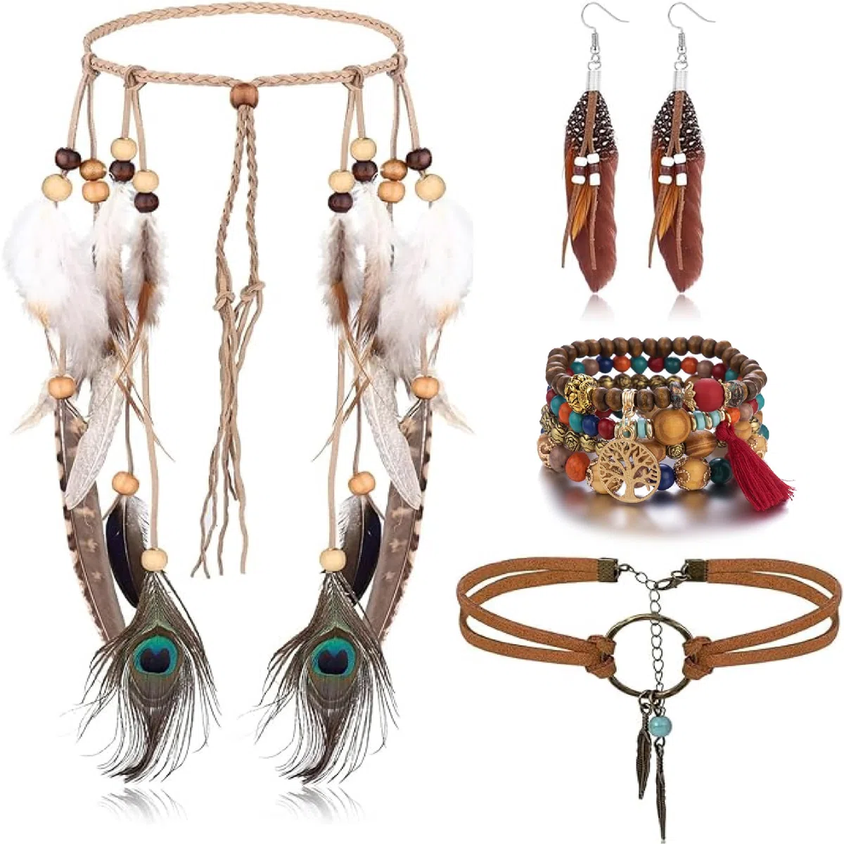 Set di 4 Accessori Hippie Boho, Fascia per Capelli A Piume, Abbigliamento Anni '70 da Donna, Vintage Boho Hippie con Fascia per Capelli E Collana B