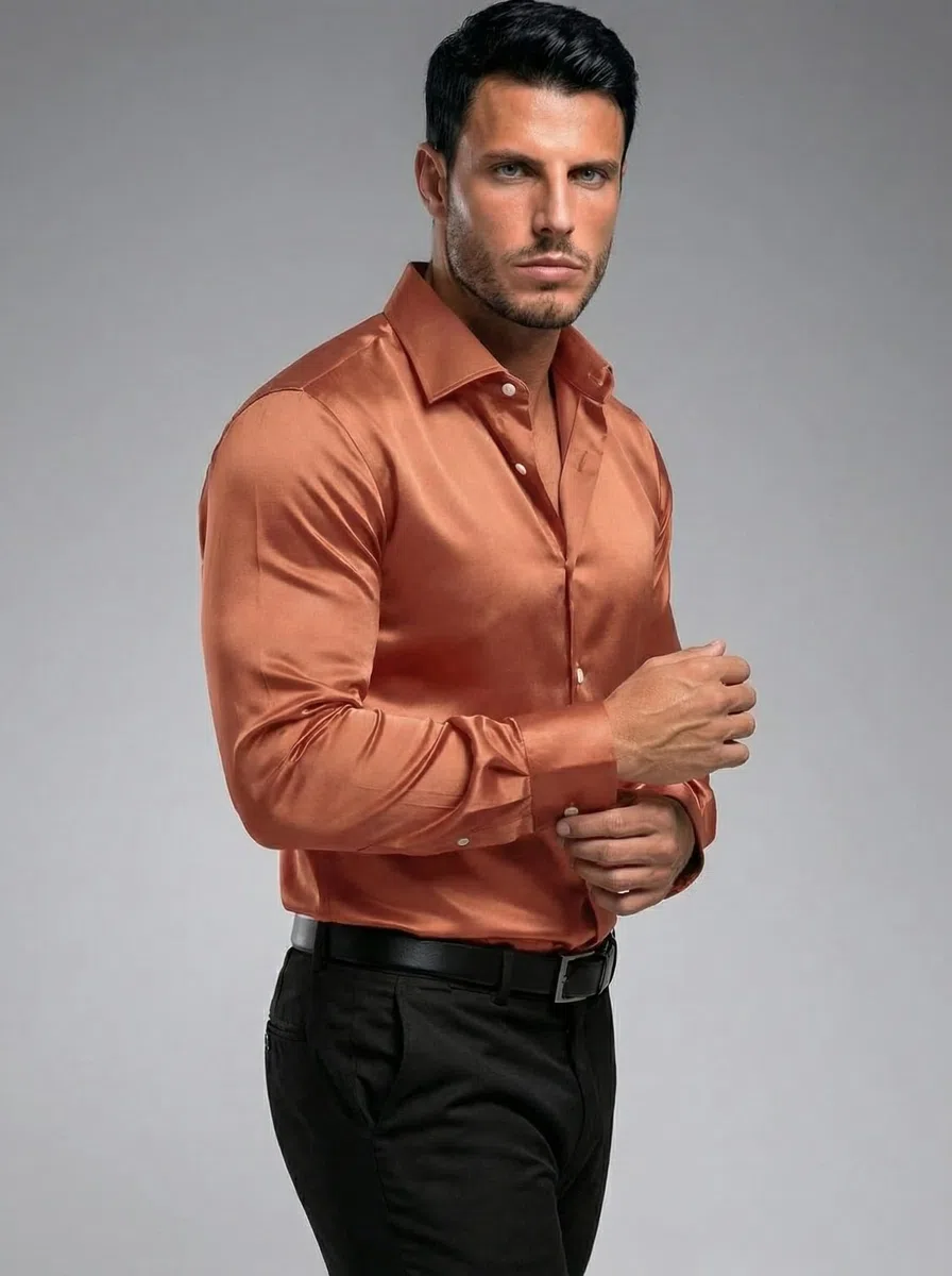FUNKY RICH Camicia da uomo in raso di seta a tinta unita con maniche lunghe e colletto - lunghezza standard e chiusura con bottoni, camicie formali da uomo, elegante camicia da uomo