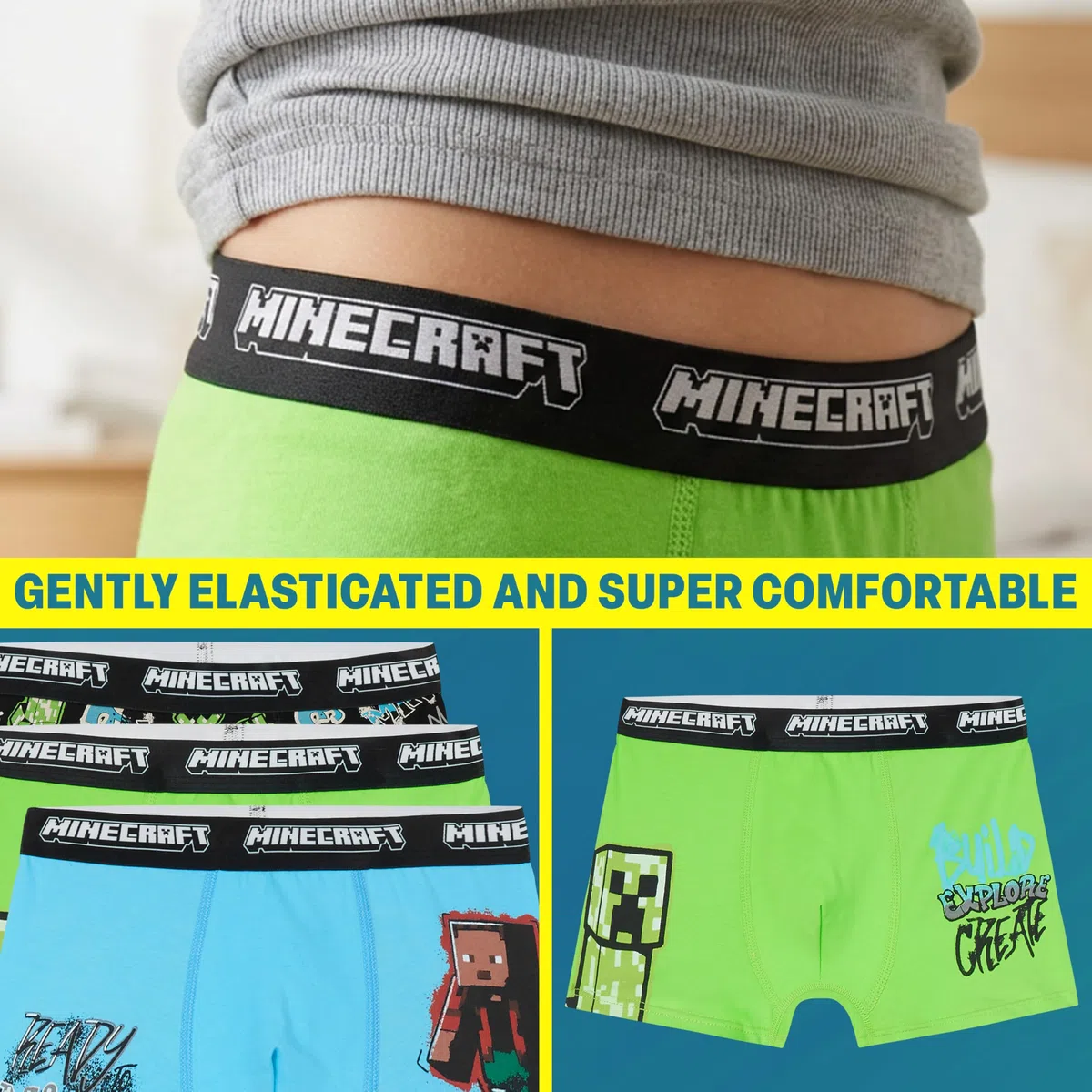 Get Trend - Minecraft 3 Pezzi Boxer Bambino e Ragazzo 7-14 Anni, Mutande Intimo, Elastico in Vita e Traspirante, Creeper Regalo Bambino