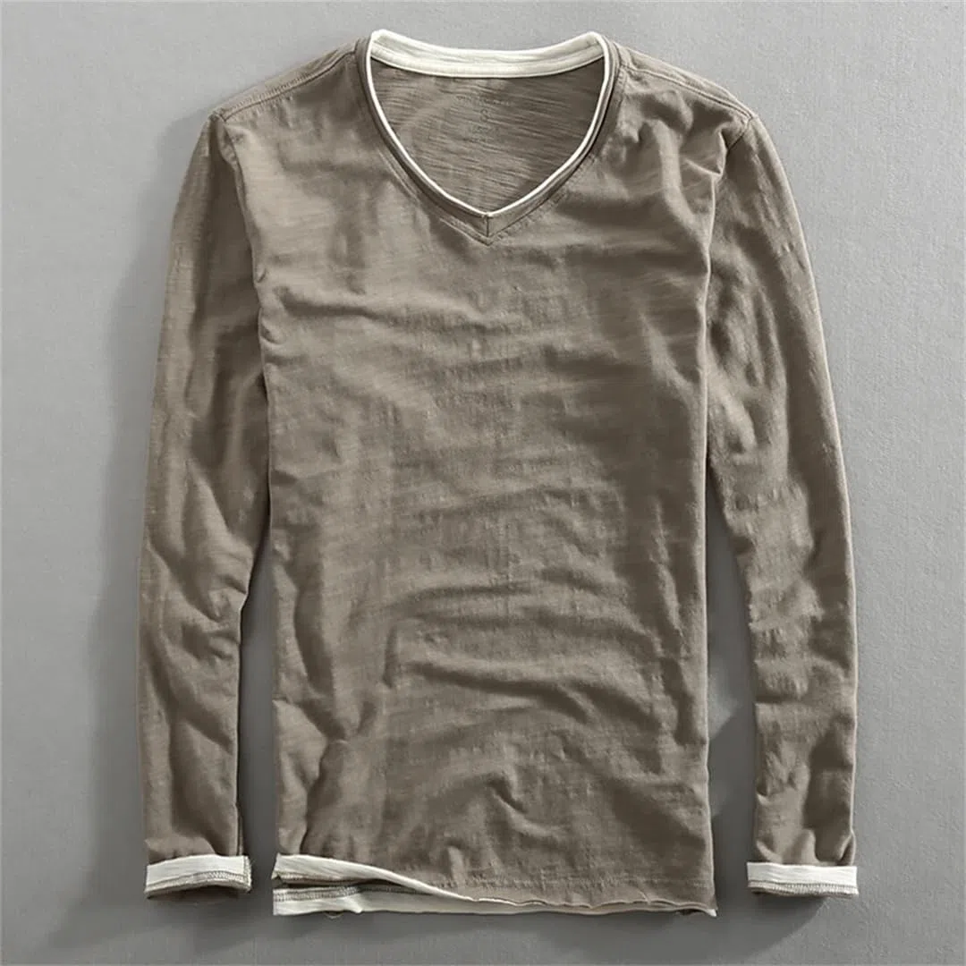 Maglietta da uomo in stile vintage con scollo a V, a maniche lunghe, look a strati, leggera, traspirante, traspirante