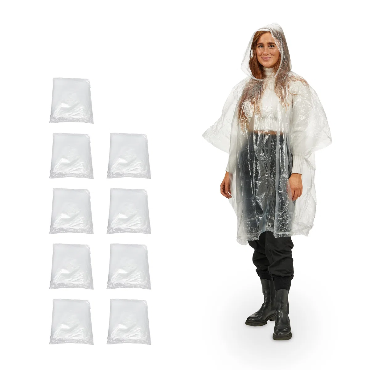 Relaxdays Poncho Antipioggia, Set da 10, Cappuccio, Mantellina Impermeabile per Adulti, Monouso, Unisex, PE, Trasparente