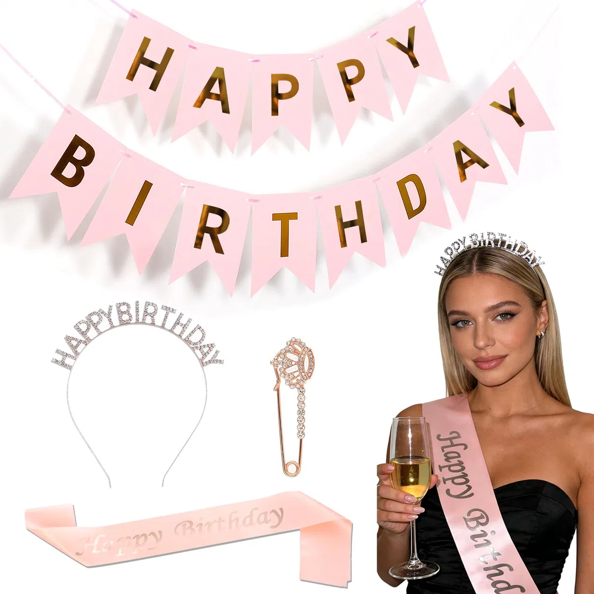 Kit Fascia e Coroncina Compleanno, Fascia e Corona Compleanno, Strass Tiara Corona, Fasce, Scritta Happy Birthday, Spilla Strass, per Ragazza Donna Decorazioni Compleanno Festa (Rosa)