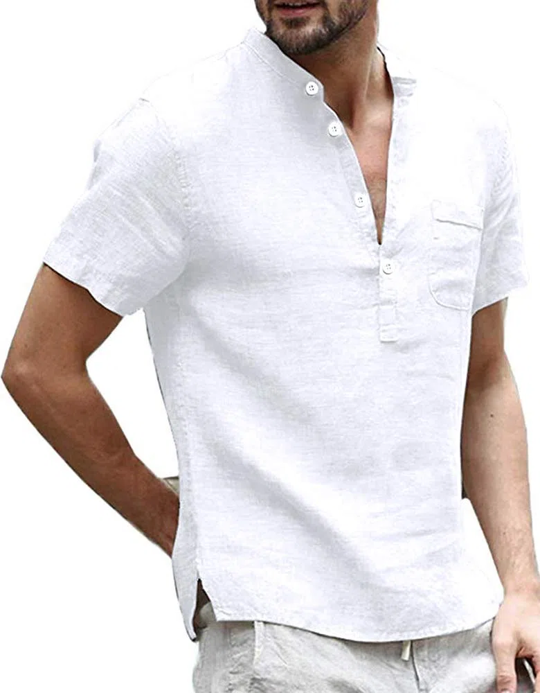 Runcati Henley - Camicia da uomo in lino, a maniche corte, per il tempo libero, estiva, per uomo