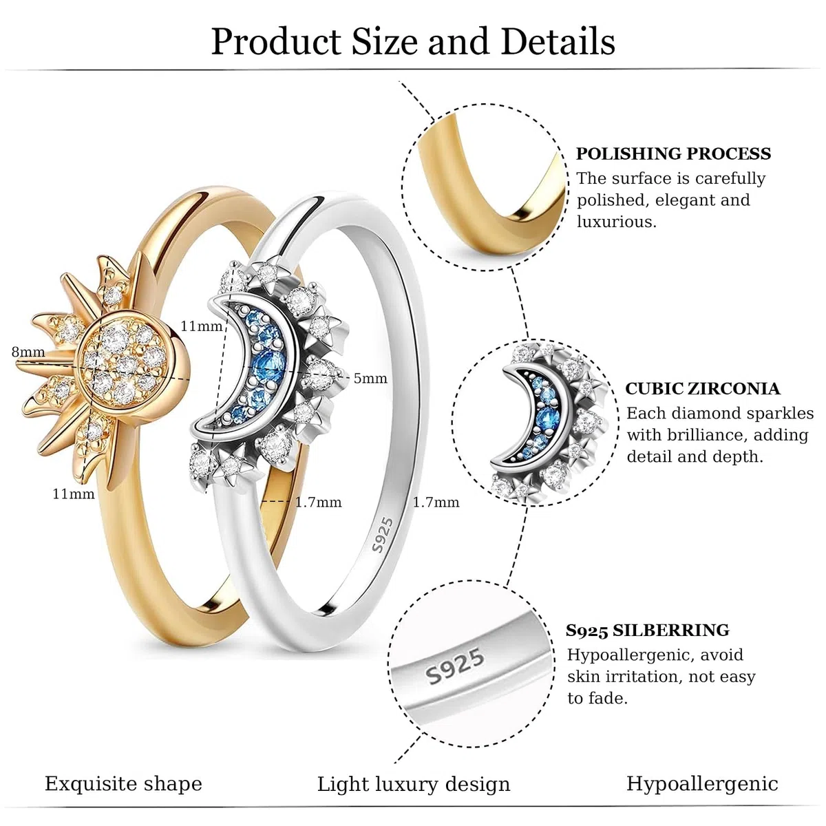 Anelli Sole e Luna in Argento 925 - Set Donna dell'Amicizia Sovrapposti - Migliori Amici Dupes Regali di Gioielleria