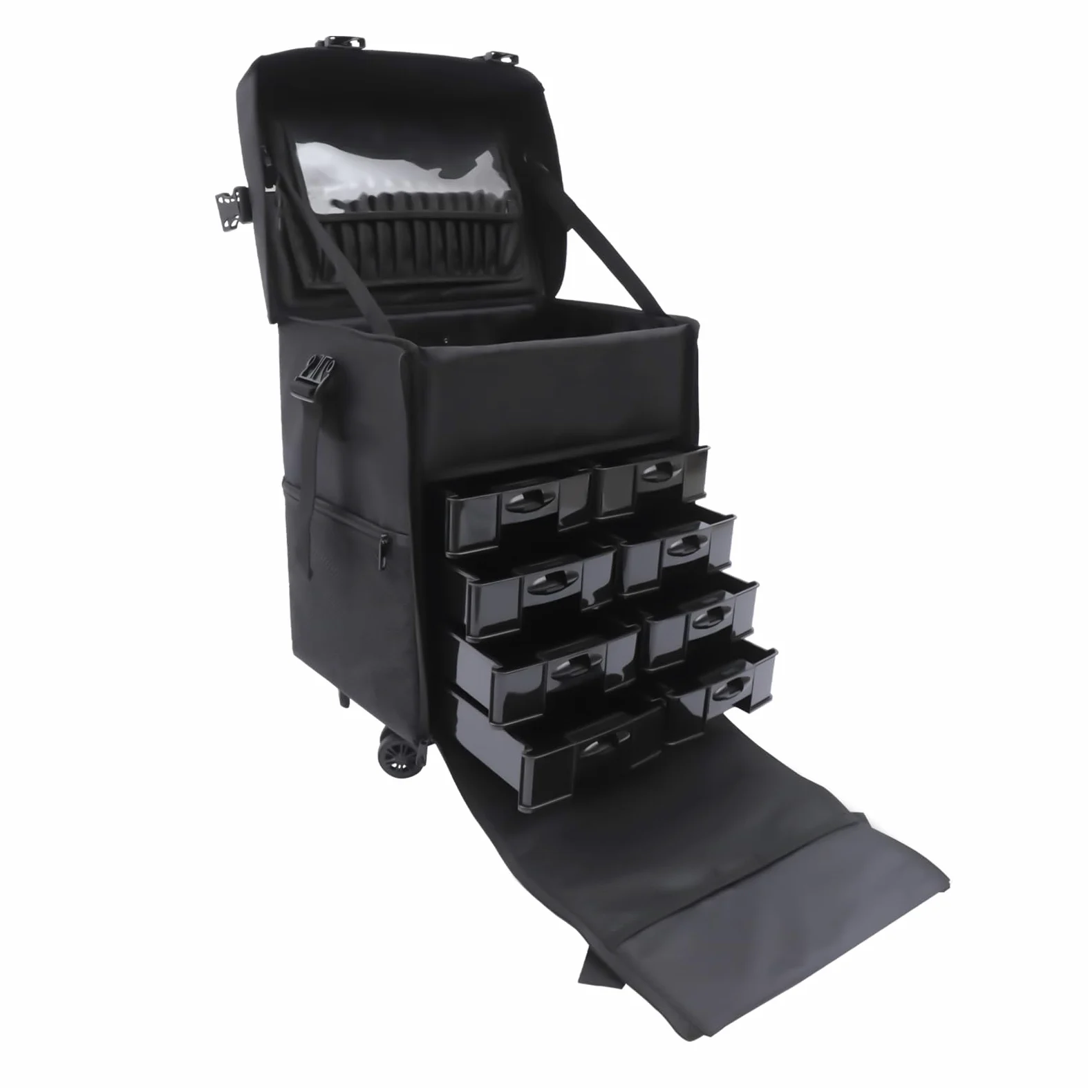 Valigetta cosmetica trolley 2 in 1 con 8 cassetti, grande trolley cosmetico con ruote, per trucchi, per viaggi, colore nero