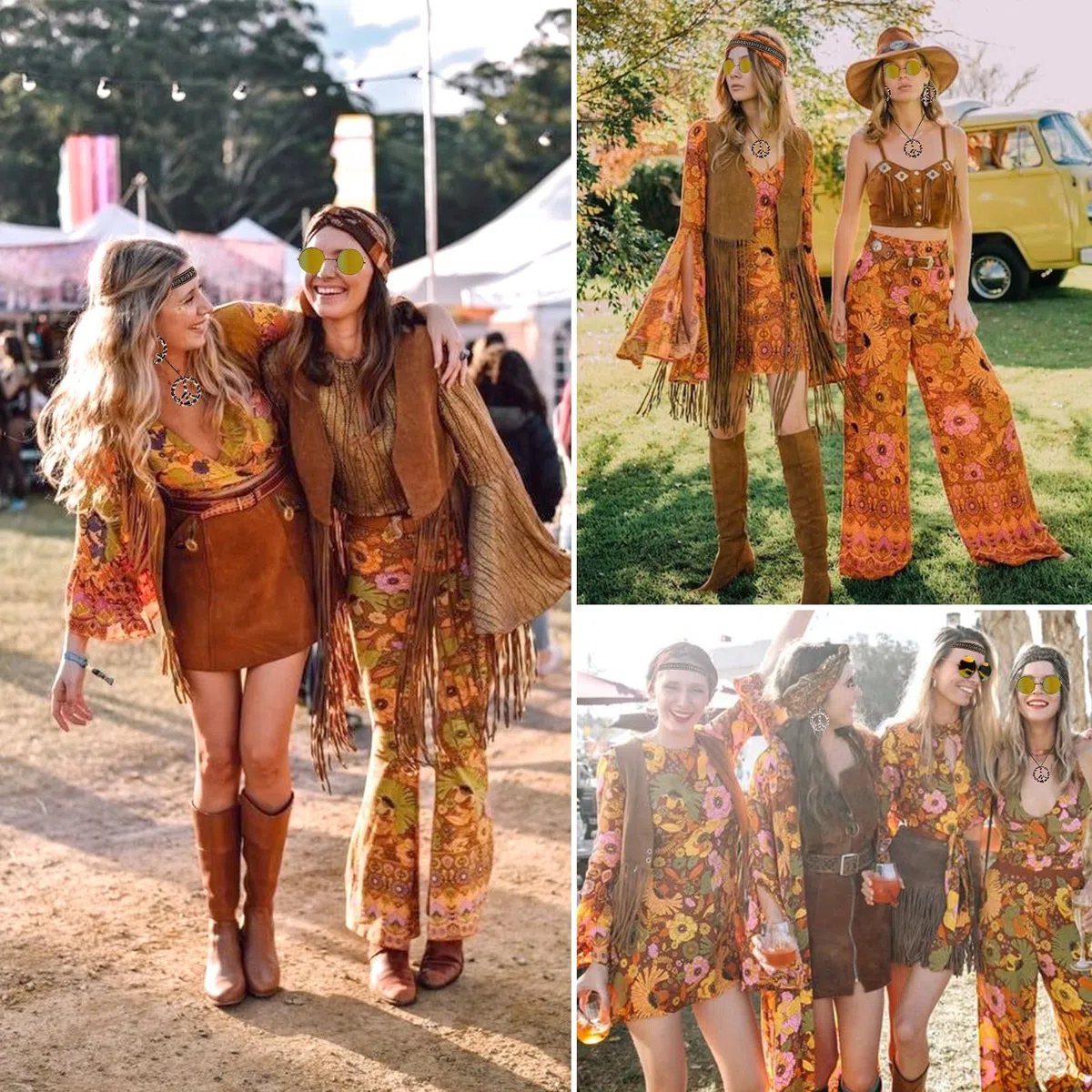 Costume Hippie Donna Anni 60 Anni 70 Gilet Nappa Occhiali da Sole Collana Orecchini Cerchietto Accessori Hippie Discoteca Festa di Halloween Natale Carnevale
