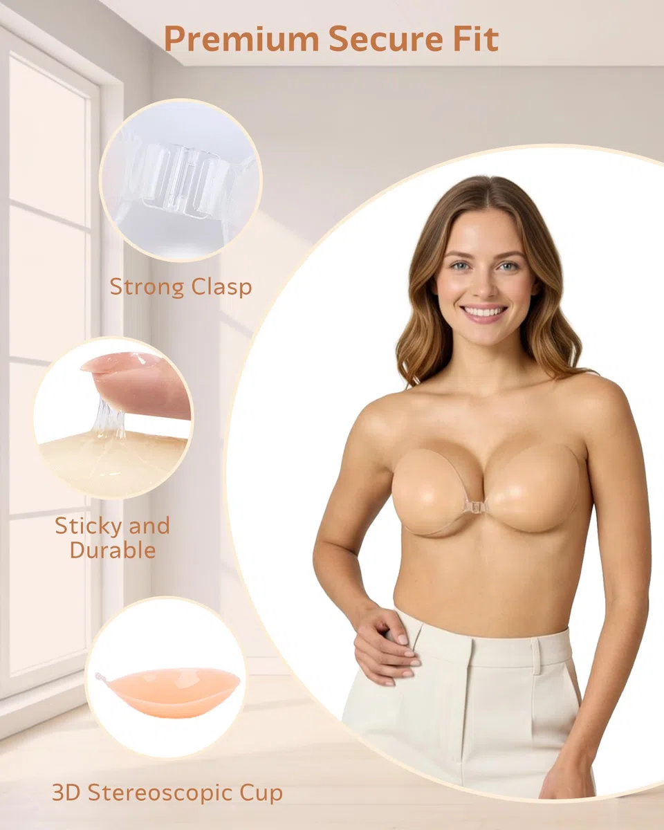 Reggiseno adesivo, senza spalline, senza spalline, appiccicoso per donne, in silicone adesivo, invisibile, reggiseno push-up riutilizzabile, comodo reggiseno con 2 copricapezzoli