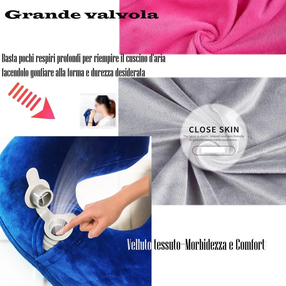 Cuscino da Viaggio Gonfiabile a 2 Supporti,Cuscino per il Collo Ergonomico con Tappi per le Orecchie e Maschera per gli Occhi Ideale per viaggiare in aereo,auto e treno (2PCS blu)