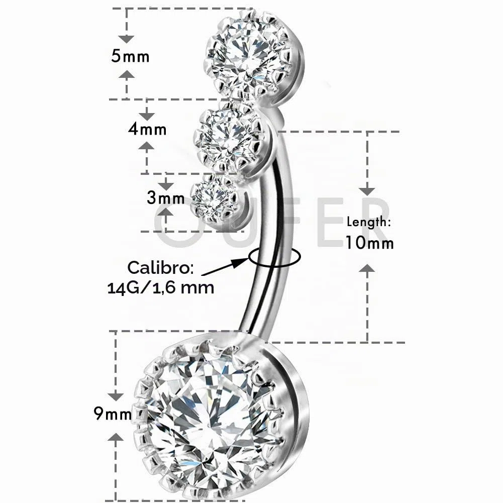 OUFER, piercing per ombelico in acciaio chirurgico 316L, con zirconia cubica trasparente