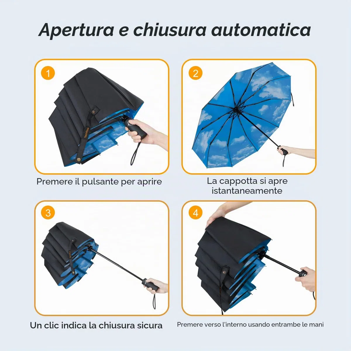 TechRise Ombrello Pieghevole, Ombrello Automatico Antivento Compatto e Forte con 10 Stecche, Apertura e Chiusura con un Solo Pulsante, Ombrello da Viaggio Portatile Leggero per Uomini e Donne