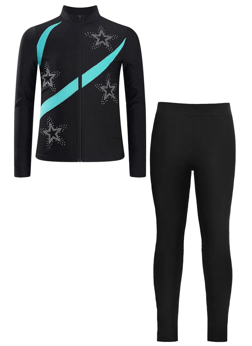 Aislor Tuta da Pattinaggio Artistico Bambina Tuta Sportiva Giacca con Cerniera Felpa + Pantaloni Leggings Completo per Palestra Yoga Pattinaggio su Ghiaccio