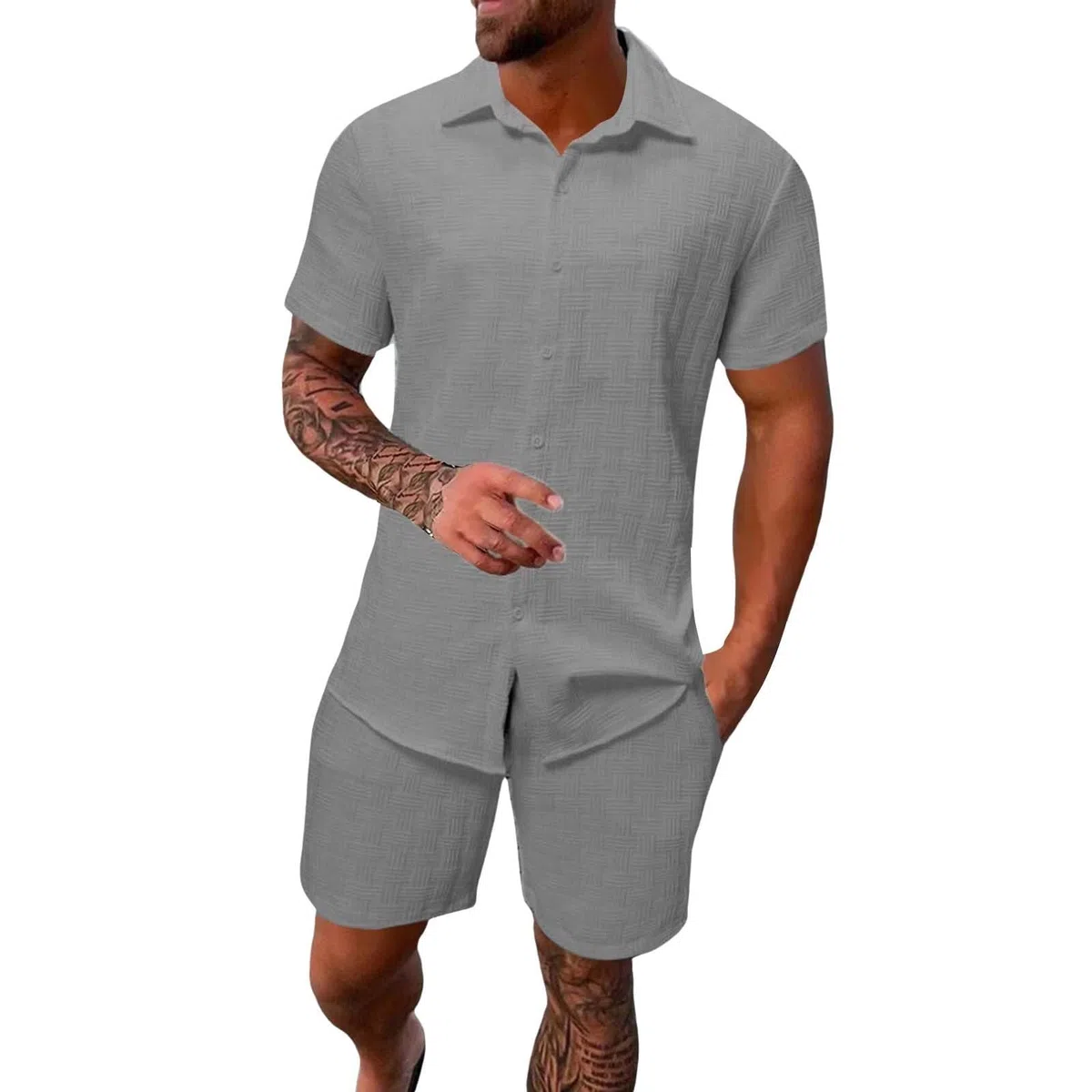 Generico Completo Estivo Da Uomo Comodi Traspirante Completi Sportivo Elegante Casual Leggeri Camicia E Pantaloncini Spiaggia Cotone Abbigliamento Outfit Con Coulisse Jogging Vacanza Tuta Palestra