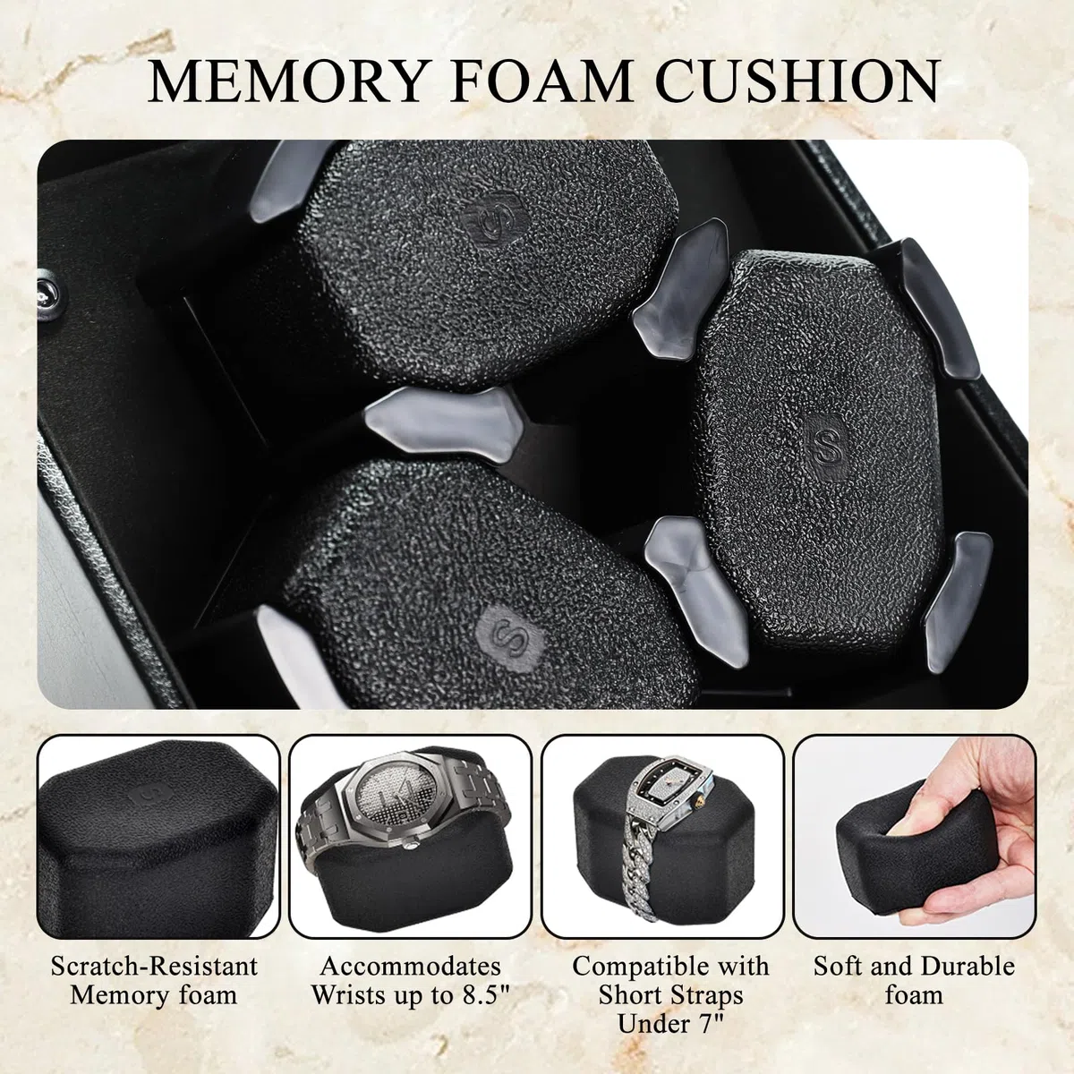 Caricaorologi Automatico per 3 Orologi, con Sensore di Luce Intelligente, 2 Modalità di Rotazione, Cuscini in Memory Foam, Caricaorologi Rotante Automatico con Rivestimento Esterno in Ecopelle