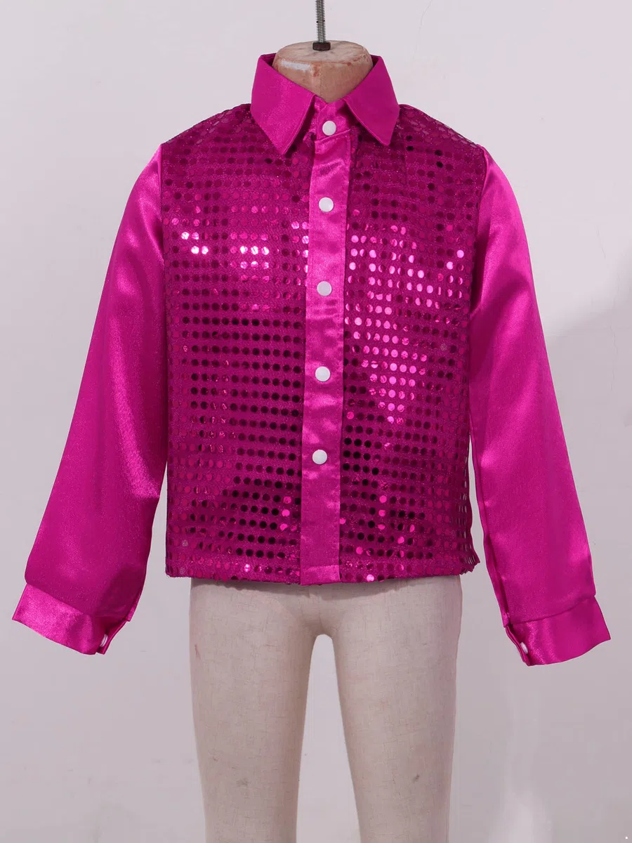 IEFIEL Bambini Camicie con Paillettes Lucenti a Maniche Lunghe da Ballo Jazz Latino Americano Ragazzi Costumi di Danza Moderna Performance Fantasia Dancewear 4-14 Anni