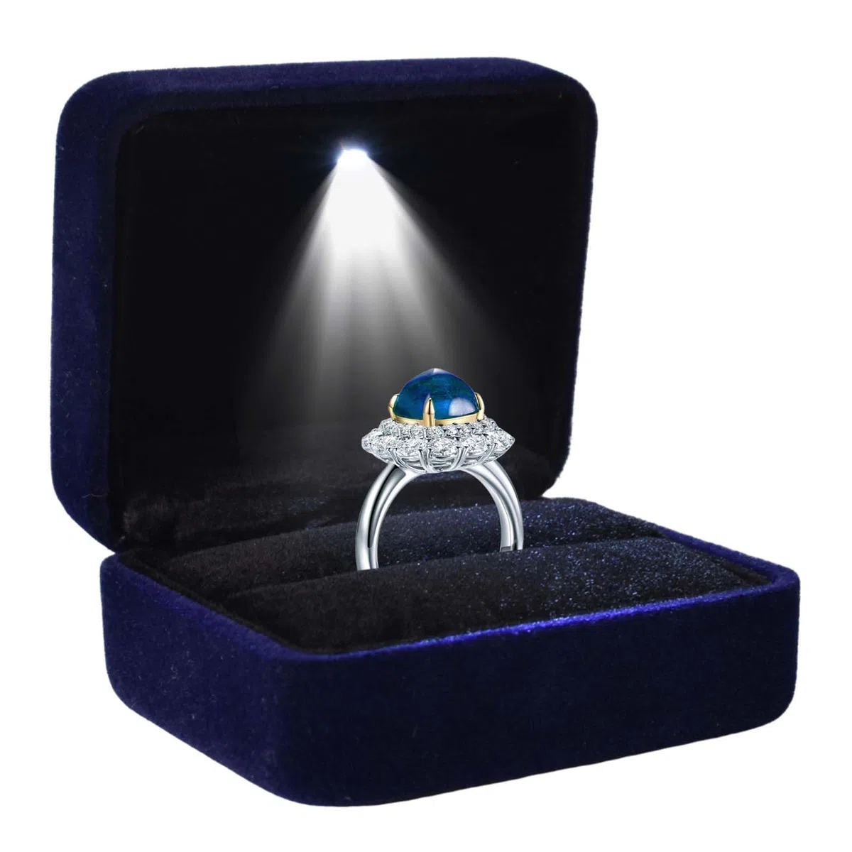 Scatola per Anelli con LED, illuminata, in velluto, con display ad anello, scatola regalo, scatola con luce LED, scatola per Anelli Piatta, per Matrimonio (Blu)