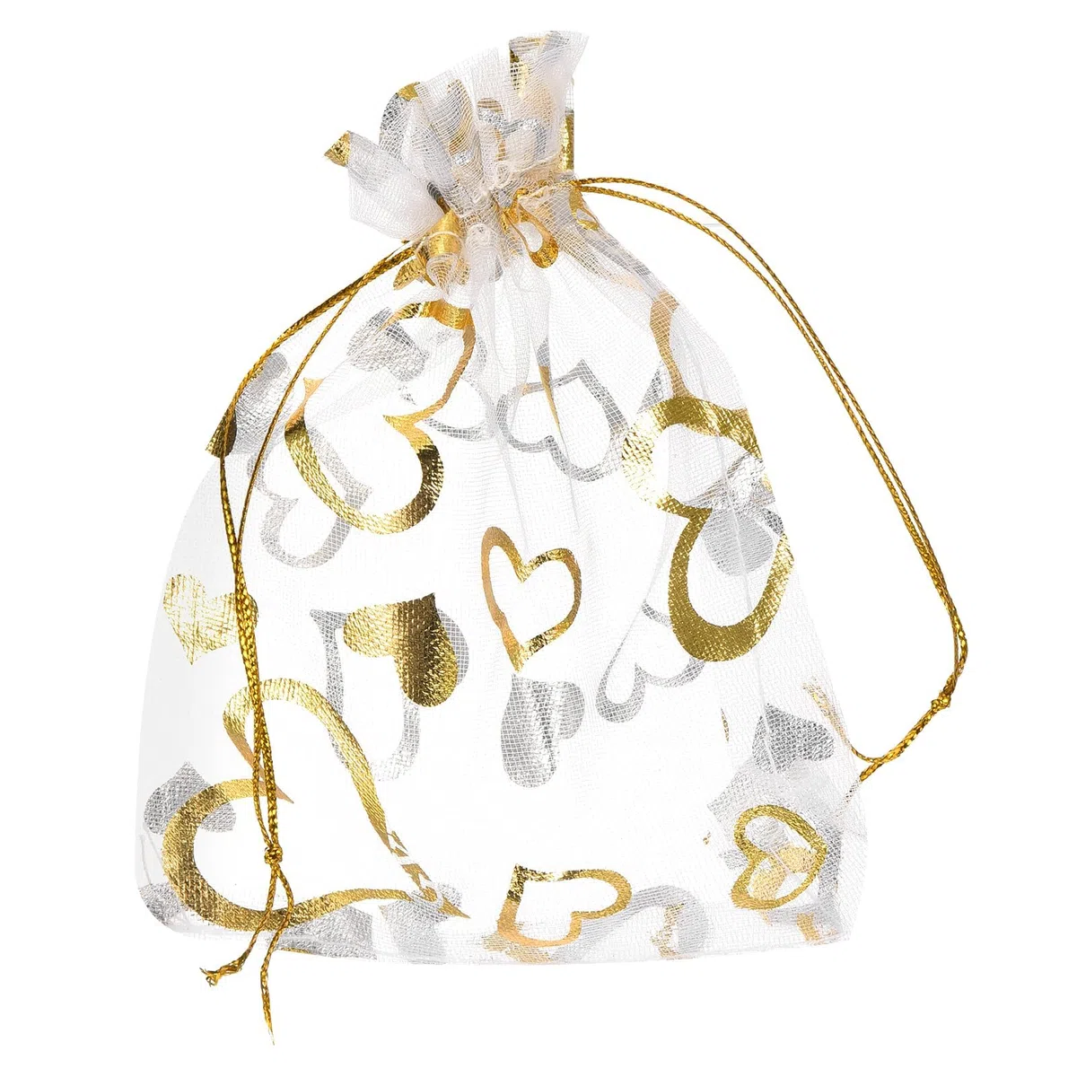 QUARKZMAN Sacchetti Organza, 10 x 15cm, Buste Regalo con Coulisse Cuore in Rete Trasparente, Sacchettini Bomboniere Ingrosso, Sacchetti per Gioielli,(Bianco-Oro, 50Pz)