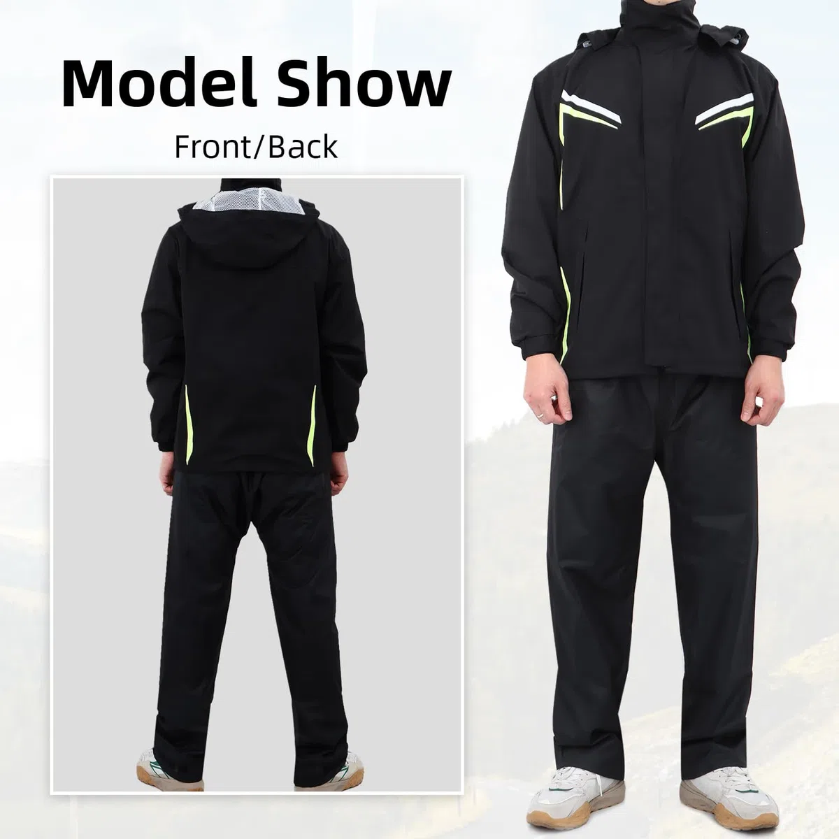 Tuta Antipioggia da Uomo Giacca Impermeabile e Tuta Pantalone Impermeabile Giacca Antipioggia Unisex Giacche da Ciclismo con Cappuccio con Catarifrangenti di Sicurezza