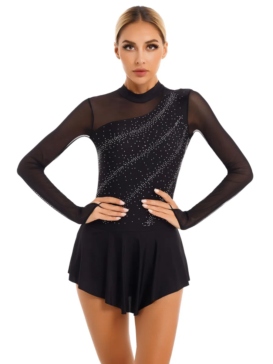 Freebily Abito da Pattinaggio Artistico Donna Paillettes Leotards Vestito Danza Classica Manica Lunga Body da Balletto Ballerina Costumi di Danza Samba Rumba Jazz Dancewear