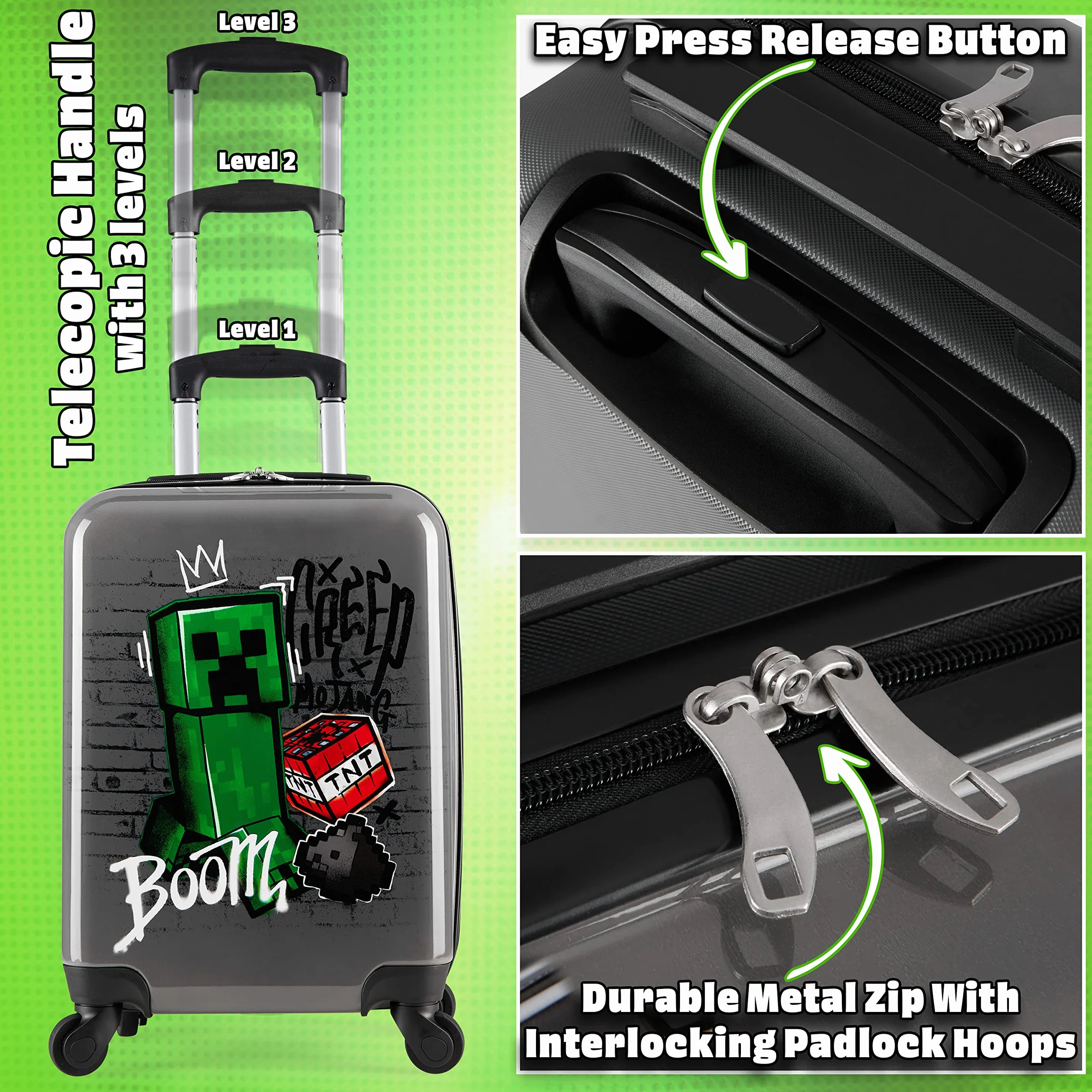 MINECRAFT Valigia Bambino Creeper Trolley Bambino Rigido 4 Ruote Valigia per Bambini da Viaggio Regali per Gamer (S(L49cm x W33, 30L), Grigio)