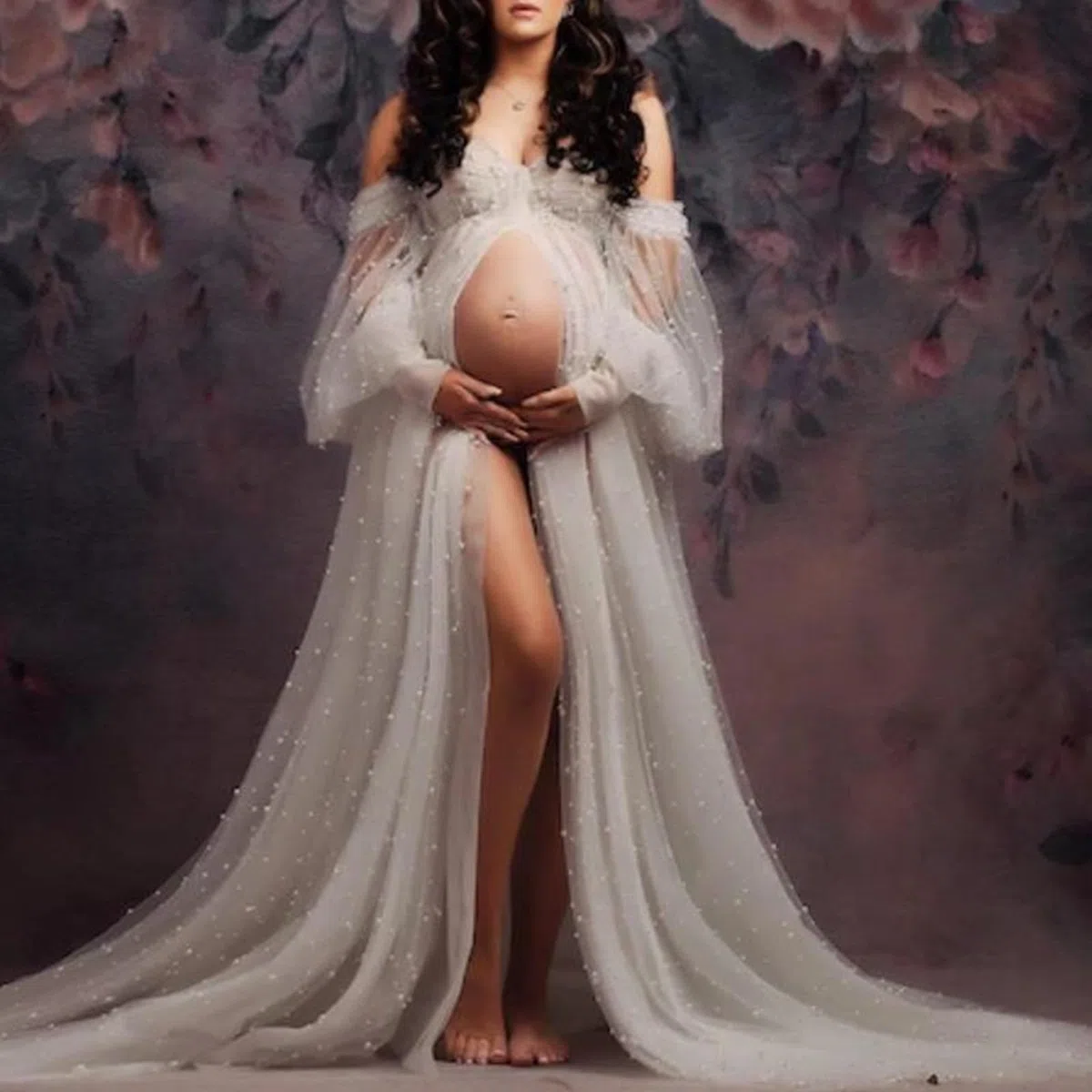 Abito premaman perfetto per ritratti prenatali, con elegante caduta e morbido abito premaman elasticizzato