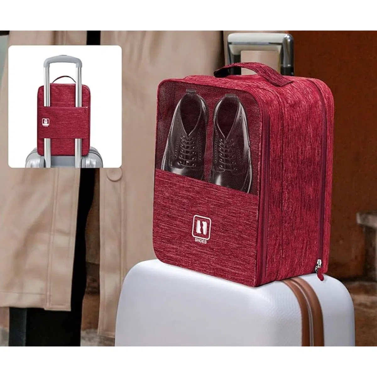Borsa per Scarpe da Viaggio, Organizer Portascarpe per Sneaker, Sacchetti Portascarpe con Finestrella,Sacca Portascarpe per Casa, Trasparente Sacchetto per Scarpe Accessorio (rosso)