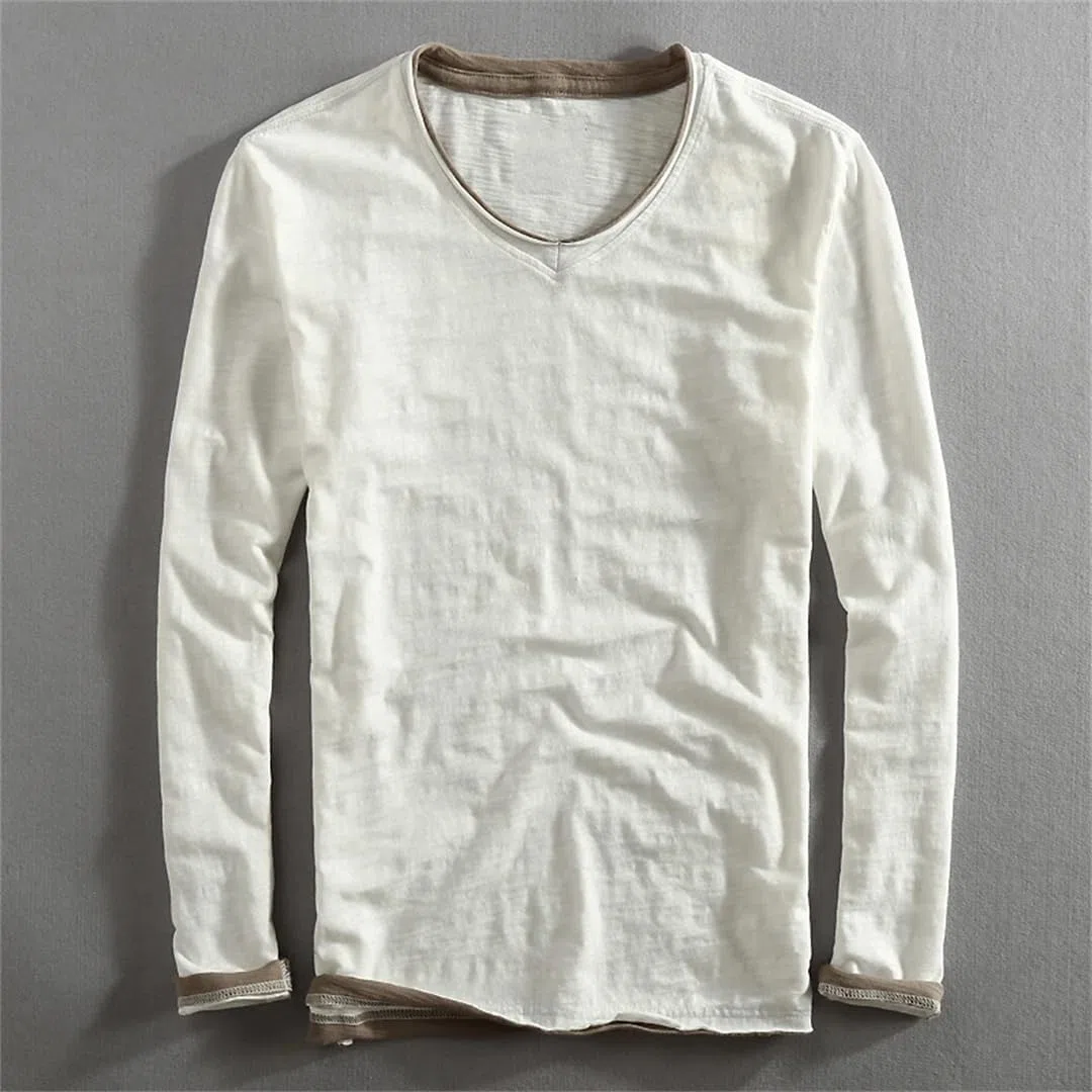 Maglietta da uomo in stile vintage con scollo a V, a maniche lunghe, look a strati, leggera, traspirante, traspirante