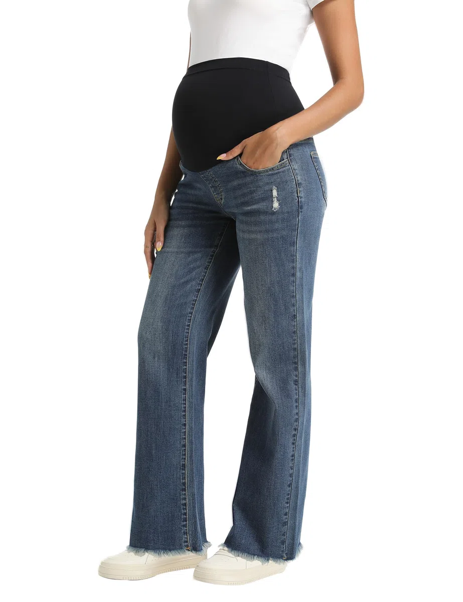 Jeans premaman da donna sopra la pancia, gamba dritta, orlo grezzo, jeans premaman con tasche