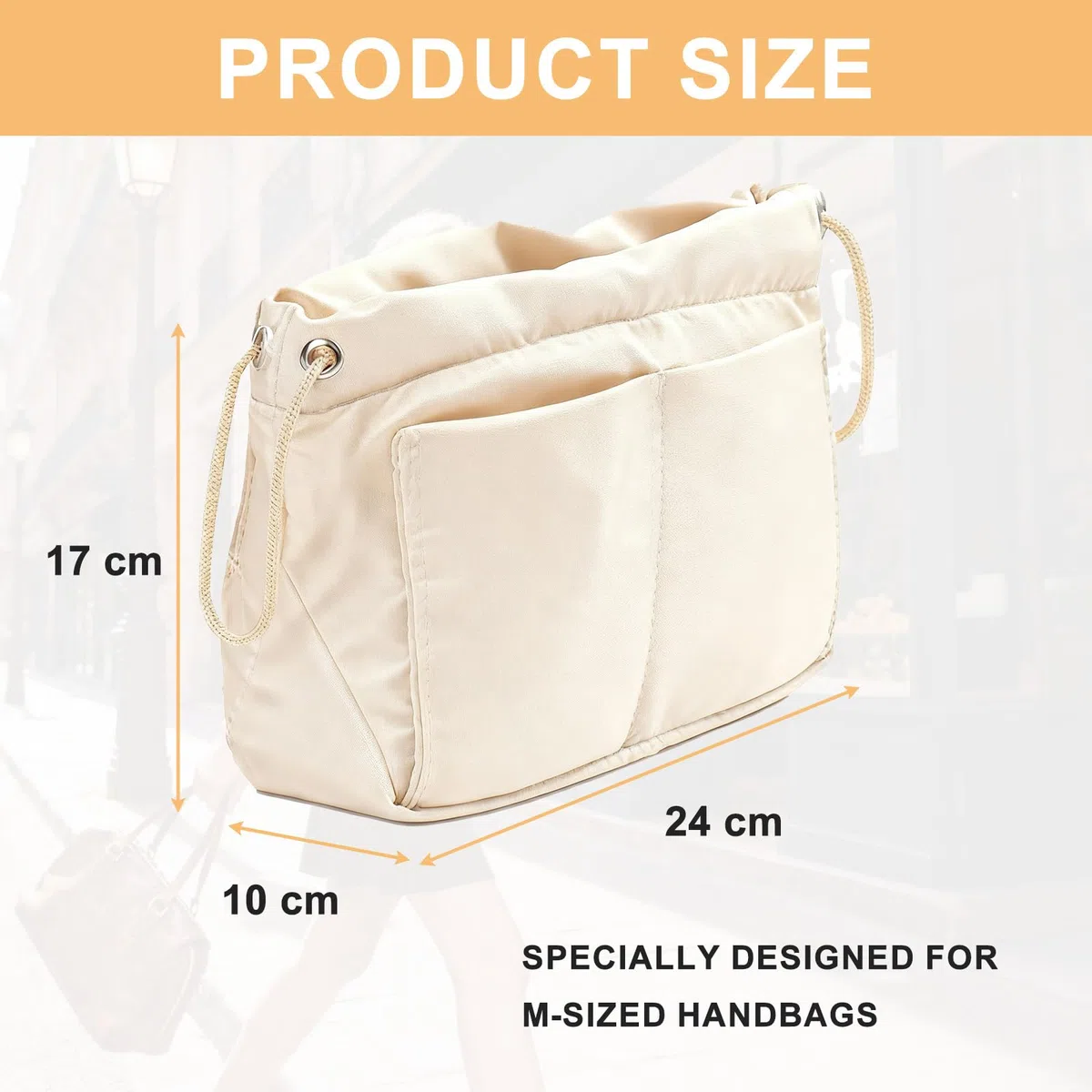 Organizer Borsa Donna, Interno Organizer Borse con Scomparti Multipli e Zip, Organizzatore per Telefoni Cellulari Chiavi Rossetto Tazze d'Acqua Bicchieri, Raso Beige 24 * 17 * 10CM