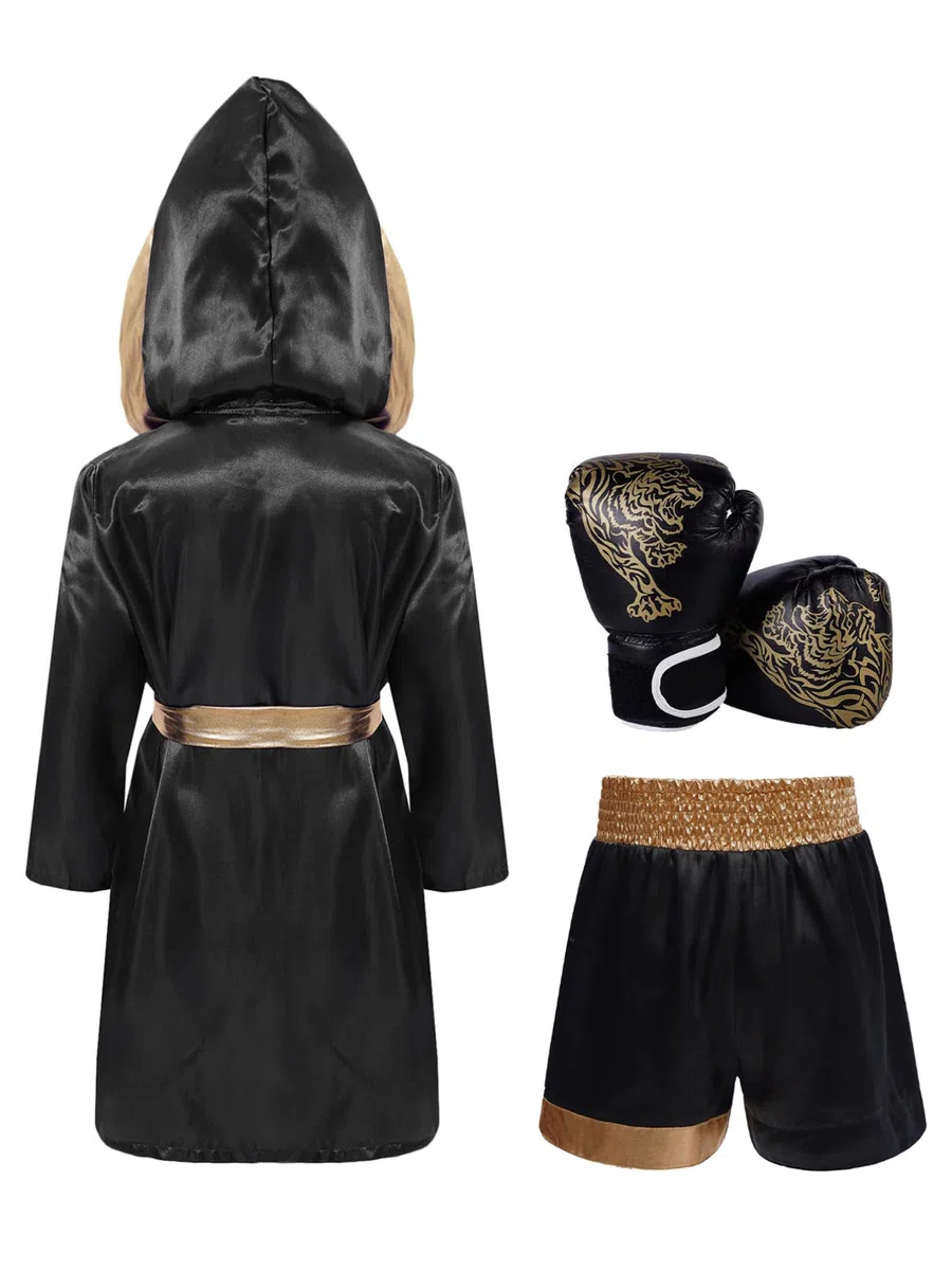 TiaoBug Abbigliamento Muay Thai Kickboxing Arti Marziali Bambino e Ragazzo Completo da Allenamento da Pugile Pantaloncini Kick-Thai + Accappatoio da Boxe + Guanti