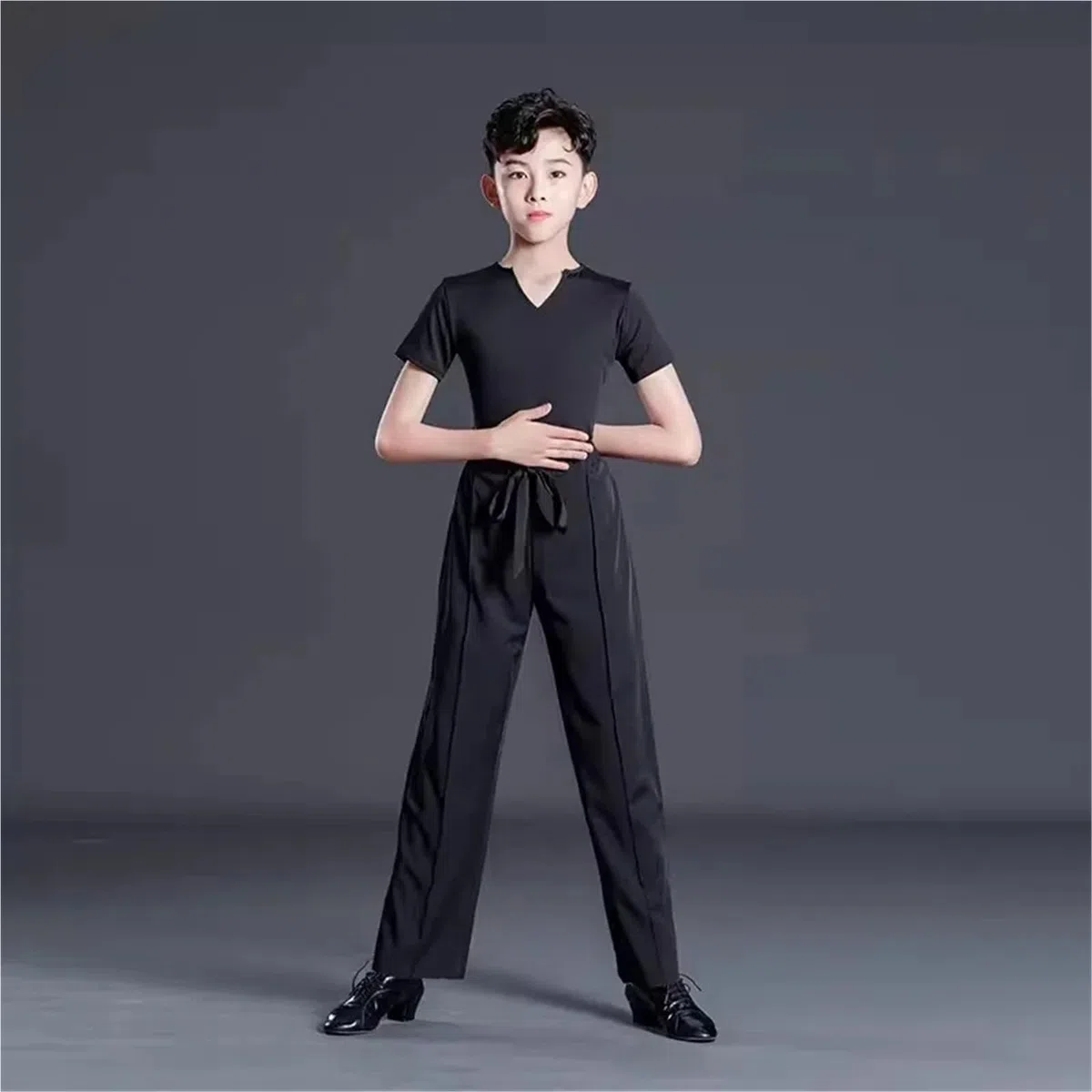Pantaloni Uomo Eleganti Set Da Ballo Latino For Bambini, Azzurro Chiaro, Abbigliamento For Balli Latino For Bambini, Abbigliamento For Balli Rumba/cha Cha/samba, Pantaloni Neri Con Lacci(160CM,Pant 2)