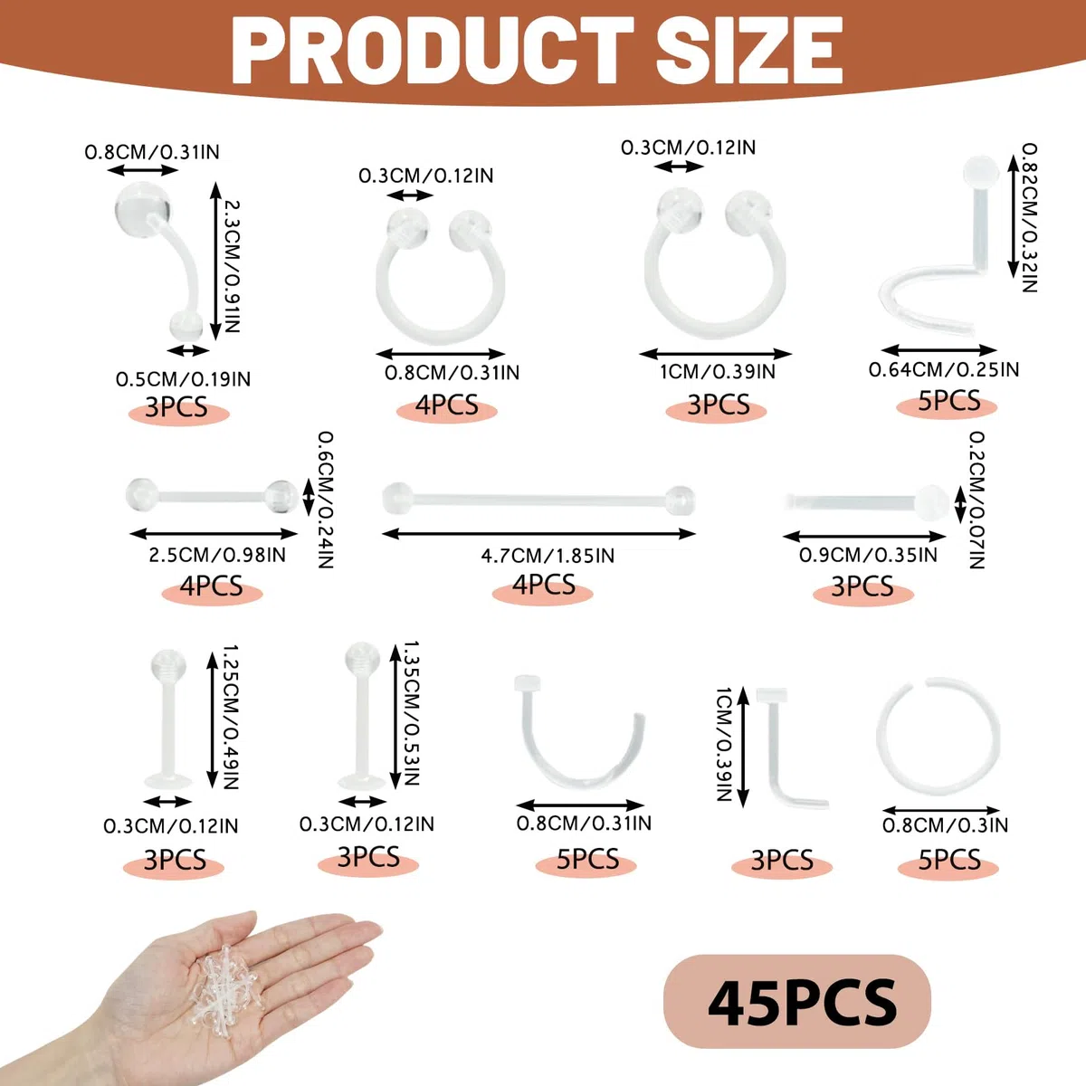 48 piercing Bioflex in plastica trasparente, Helix Septum Tragus Labret Naso Libro Lingua Capezzolo per MRI, 14G 16G 20G gioielli industriale
