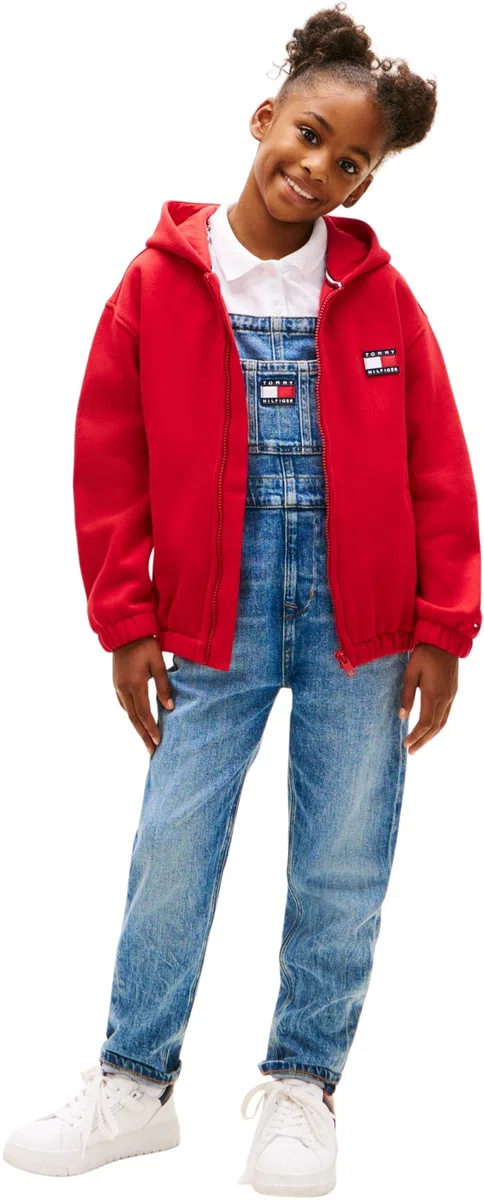 Tommy Hilfiger Bambini Unisex Felpa con Cappuccio e Zip Heritage Flag Terry e Logo sul Dorso, Rosso (Primary Red), 86