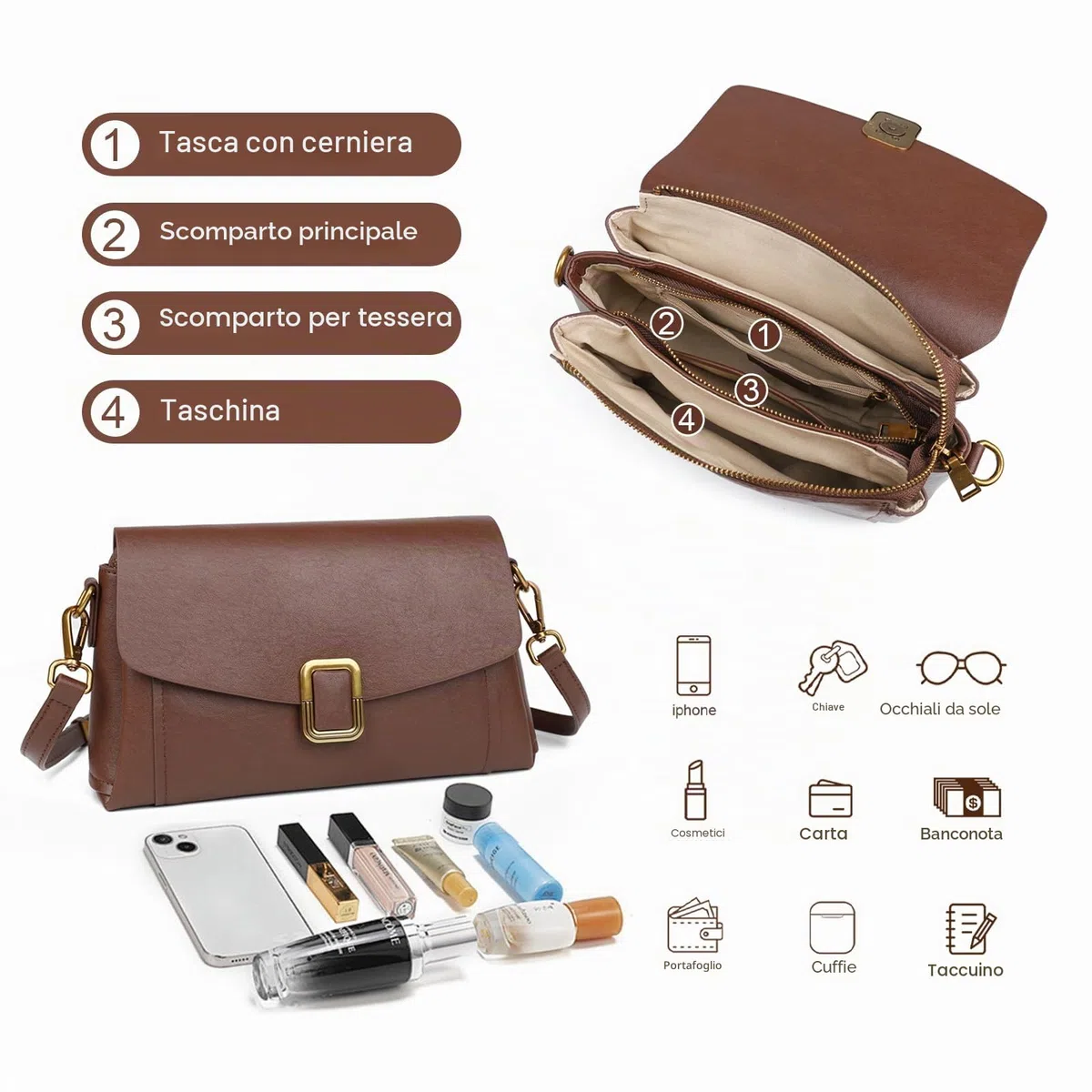 Borsa Tracolla Donna in Vera Pelle, Spallina Regolabile | Vera Pelle, 2 Tracolle Rimovibili, Stile Satchel, Compatta e Leggera, Per Viaggi, Uso Quotidiano, Lavoro e Regalo