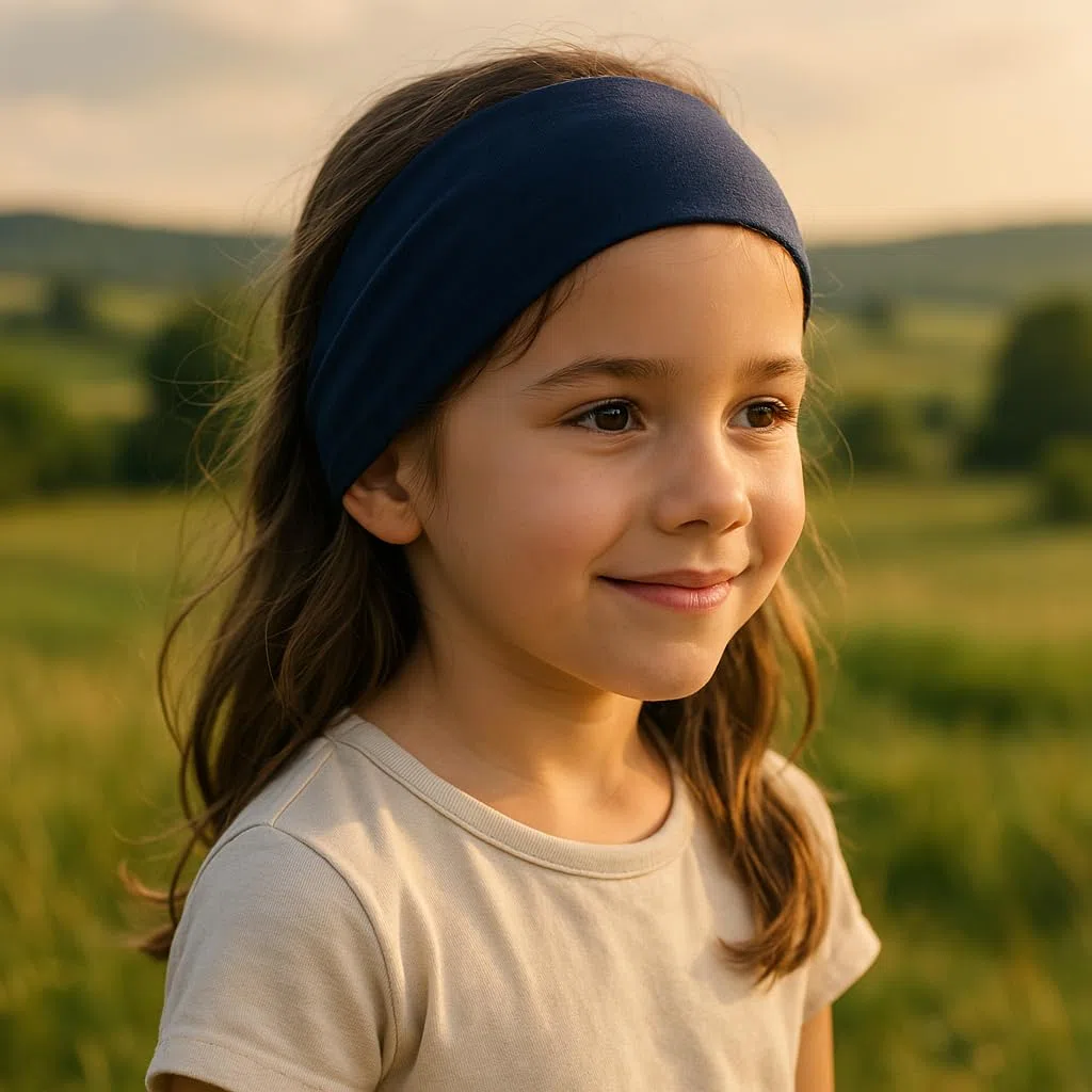 Wollhuhn ÖKO - Fascia elastica per capelli per bambini/ragazzi/ragazze, comoda e a doppio strato, in jersey, molti motivi (tinta unita blu scuro)