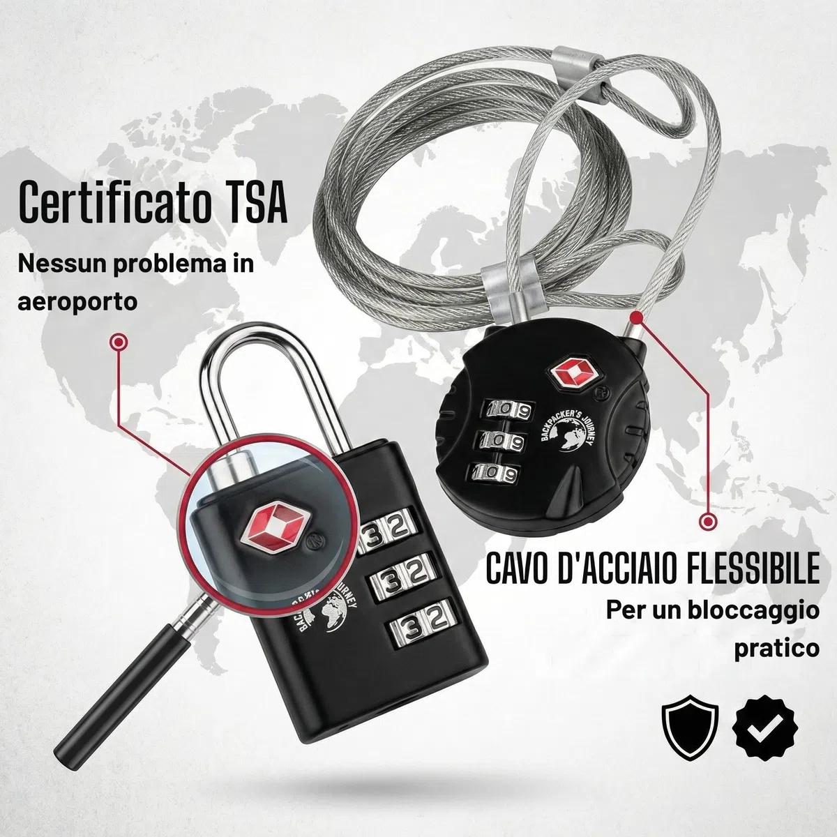 Backpacker's Journey TSA Set di lucchetti per bagagli. Ideale per backpacking, zaino, valigie e borse di qualsiasi tipo. Con nastro metallico per molteplici utilizzi