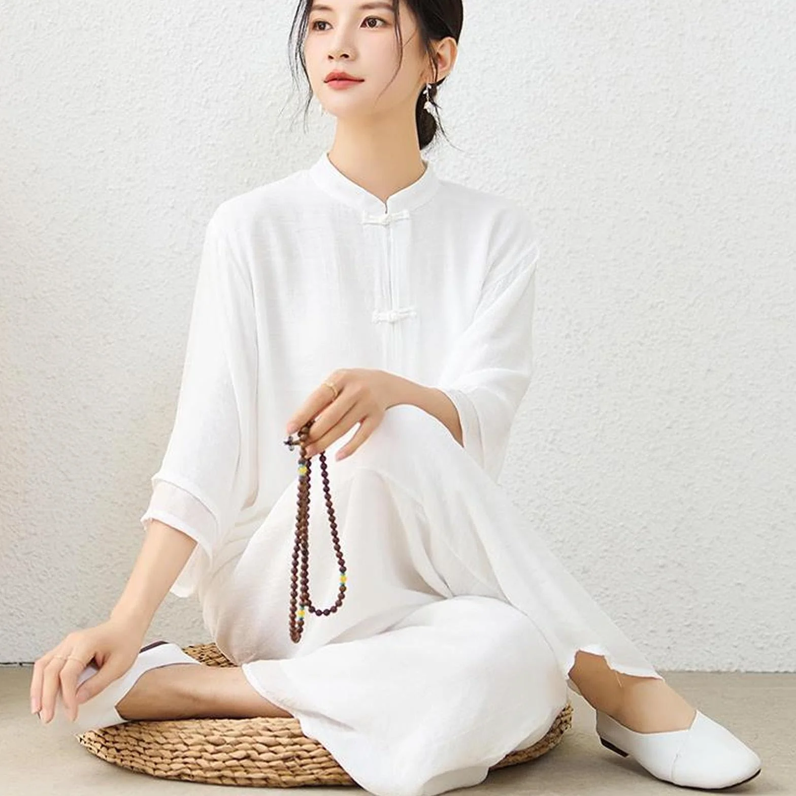 Abbigliamento Tai Chi Donna Seta e Lino Kung Fu Uniforme Stile Cinese Meditazione Zen Casual Maniche a Tre Quarti Esercizi Mattutini Vestito per Le Donne,White-M