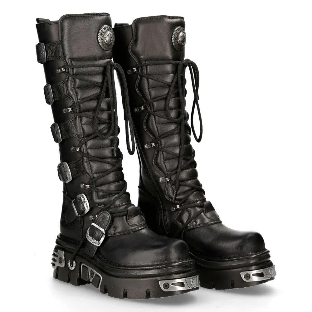 New Rock Stivali Alti fino alle Ginocchia 272-S1 in Pelle Nera Metallizzata con Chiusura con Lacci e Fibbia Stile Emo Gotico