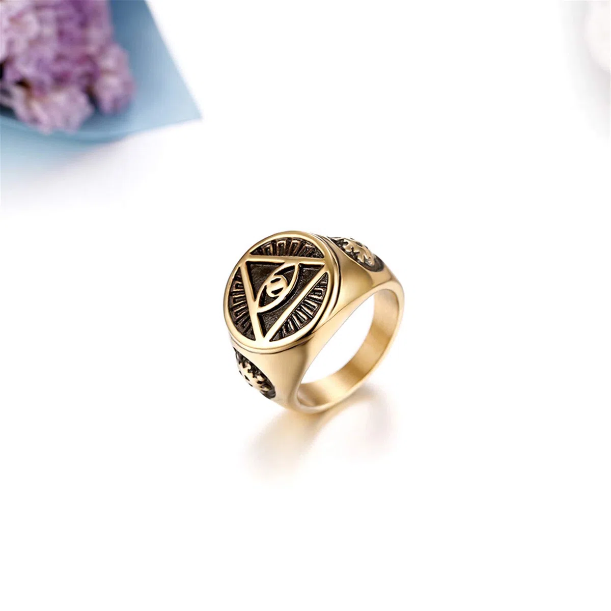 JewelryWe Anello da Uomo Religione Simbolo Triangolare di Piramide con occhio in Acciaio Inossidabile Regalo Colore Argento Oro