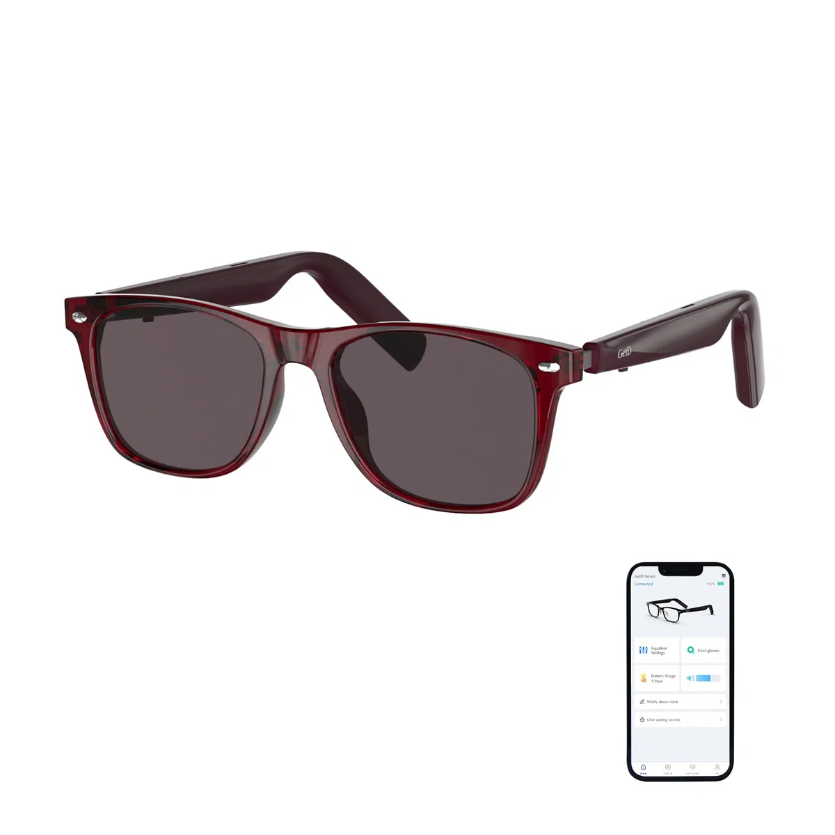 GetD Occhiali Bluetooth, Occhiali Audio Intelligenti a Orecchio Aperto con Altoparlante e Microfono, Occhiali da Sole Polarizzati Rotondi Grandi per Donne e Uomini (Telaio Rosso + Lenti Grigio)