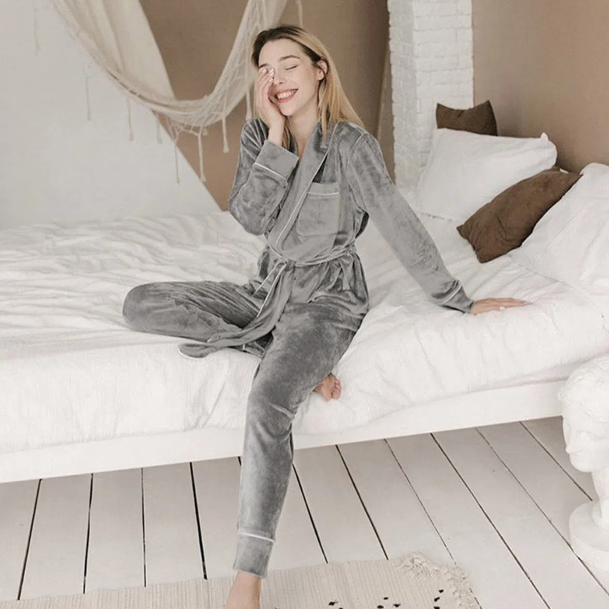 Pigiama da Donna a Maniche Lunghe Set in Due Pezzi, Set Cardigan Caldo E Confortevole, Camicia da Notte Sexy da Donna Loungewear,Grigio,M