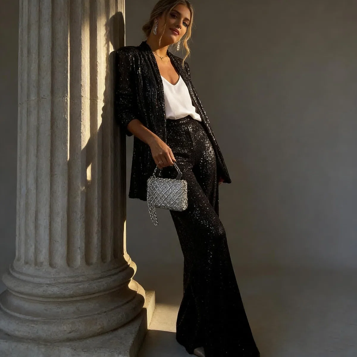 Completo da donna con paillettes composto da un elegante blazer con scollo a V e pantaloni a vita alta e gamba larga, un scintillante completo da festa in due pezzi.