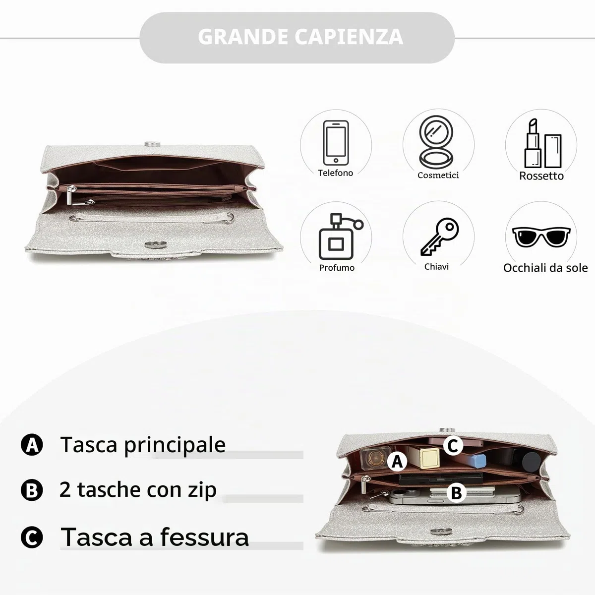Miss Lulu Pochette Donna Elegante in Pelle Glitter, Borsette Clutch Donna Decorazioni con Strass, Borsa Tracolla Spalla Mano con Catena Removibile per Appuntamenti, Feste e Matrimoni
